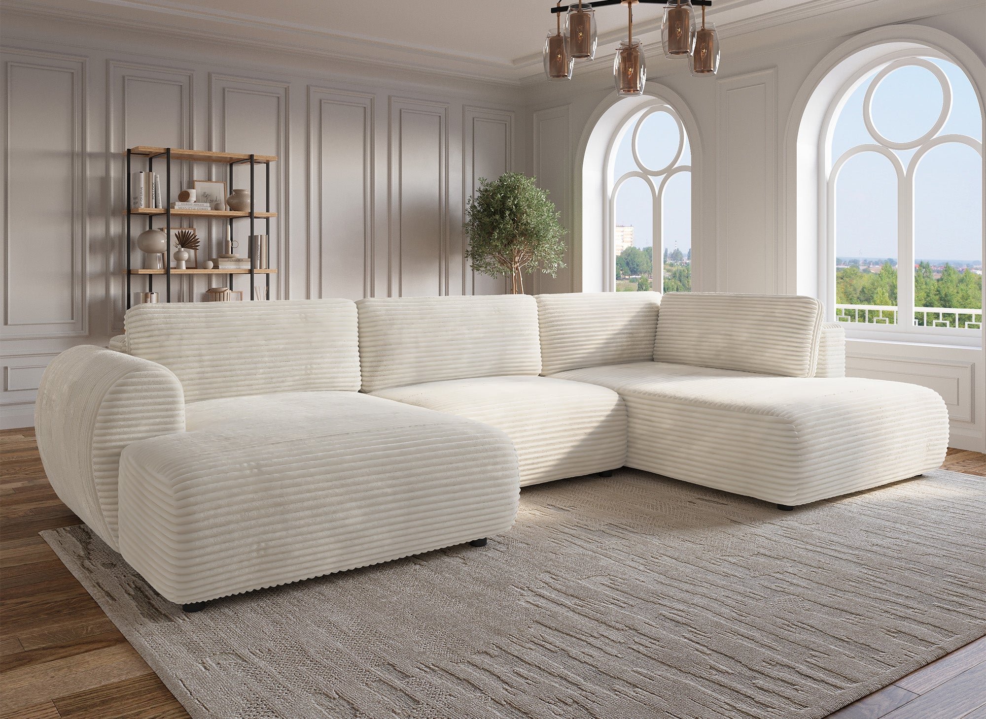 Sofá cama panorámico convertible TILDA con almacenaje en terciopelo de pana beige - Esquina derecha