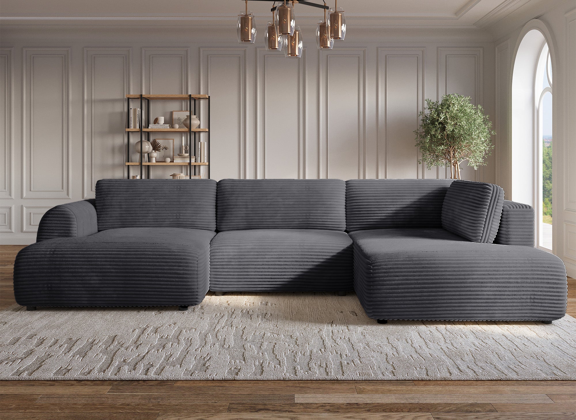 Sofá cama panorámico convertible TILDA con almacenaje en terciopelo de pana gris - Esquina derecha