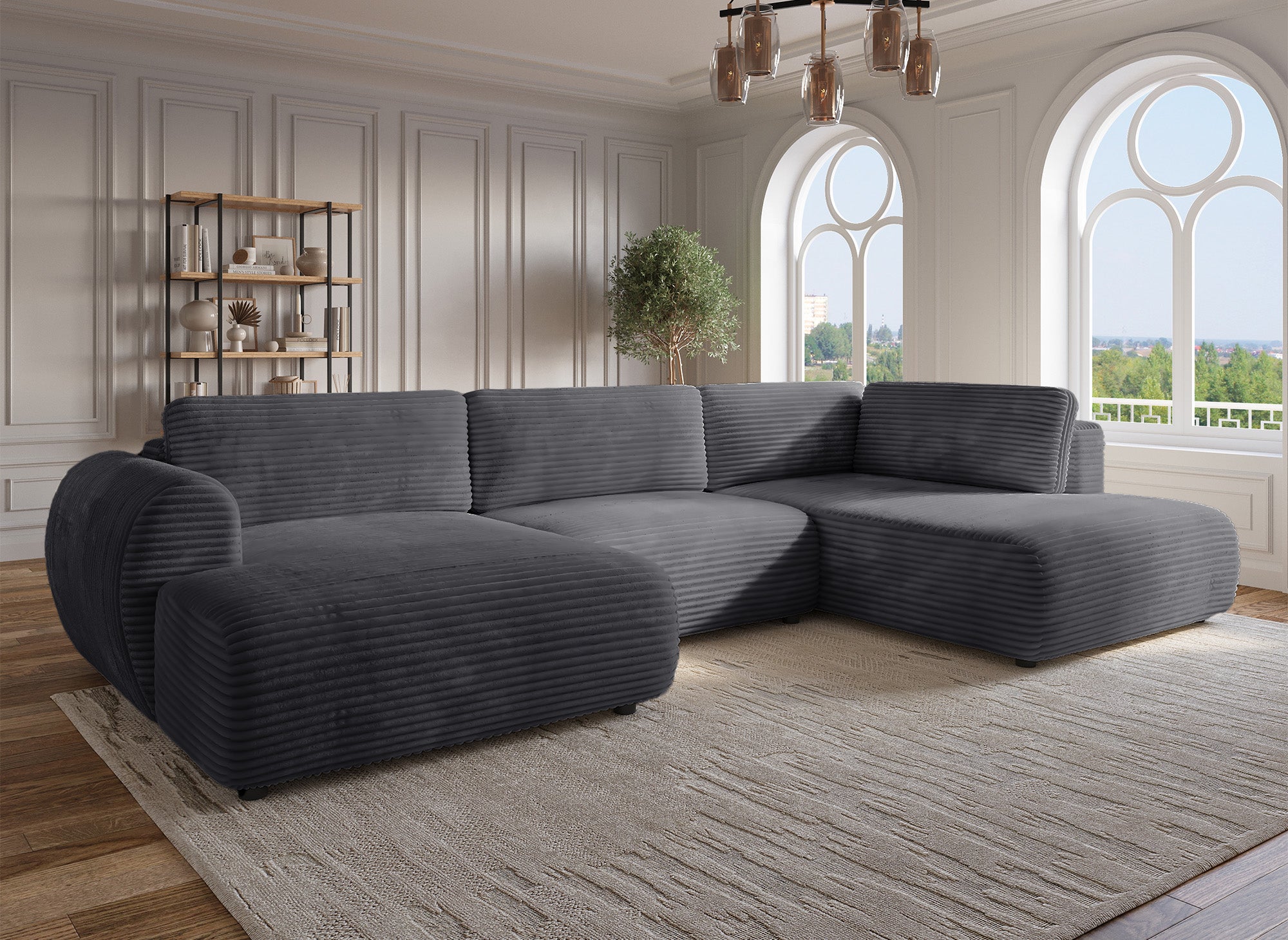 Sofá cama panorámico convertible TILDA con almacenaje en terciopelo de pana gris - Esquina derecha