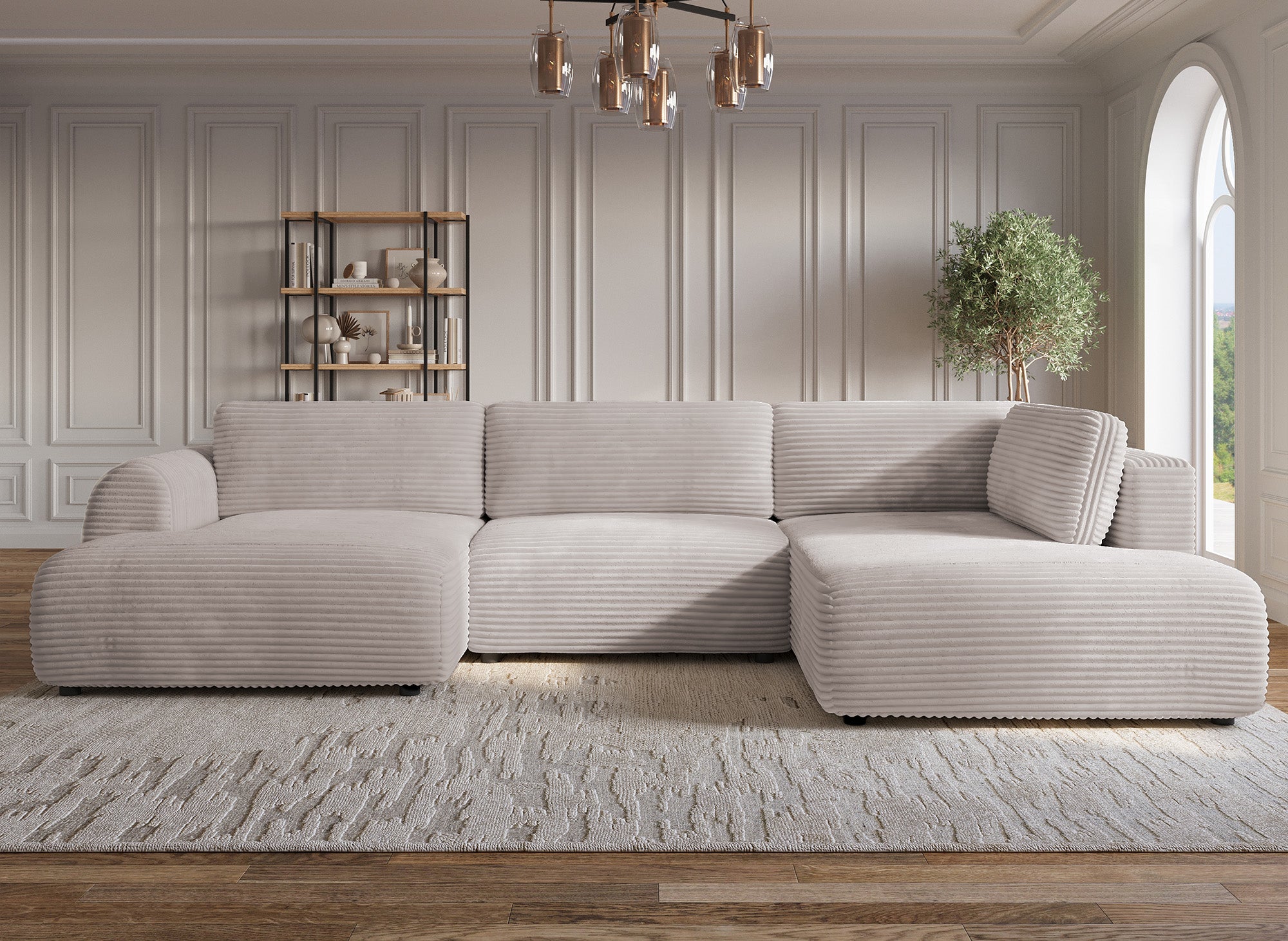 Sofá cama panorámico convertible TILDA con almacenaje en terciopelo de pana color topo - Esquina derecha