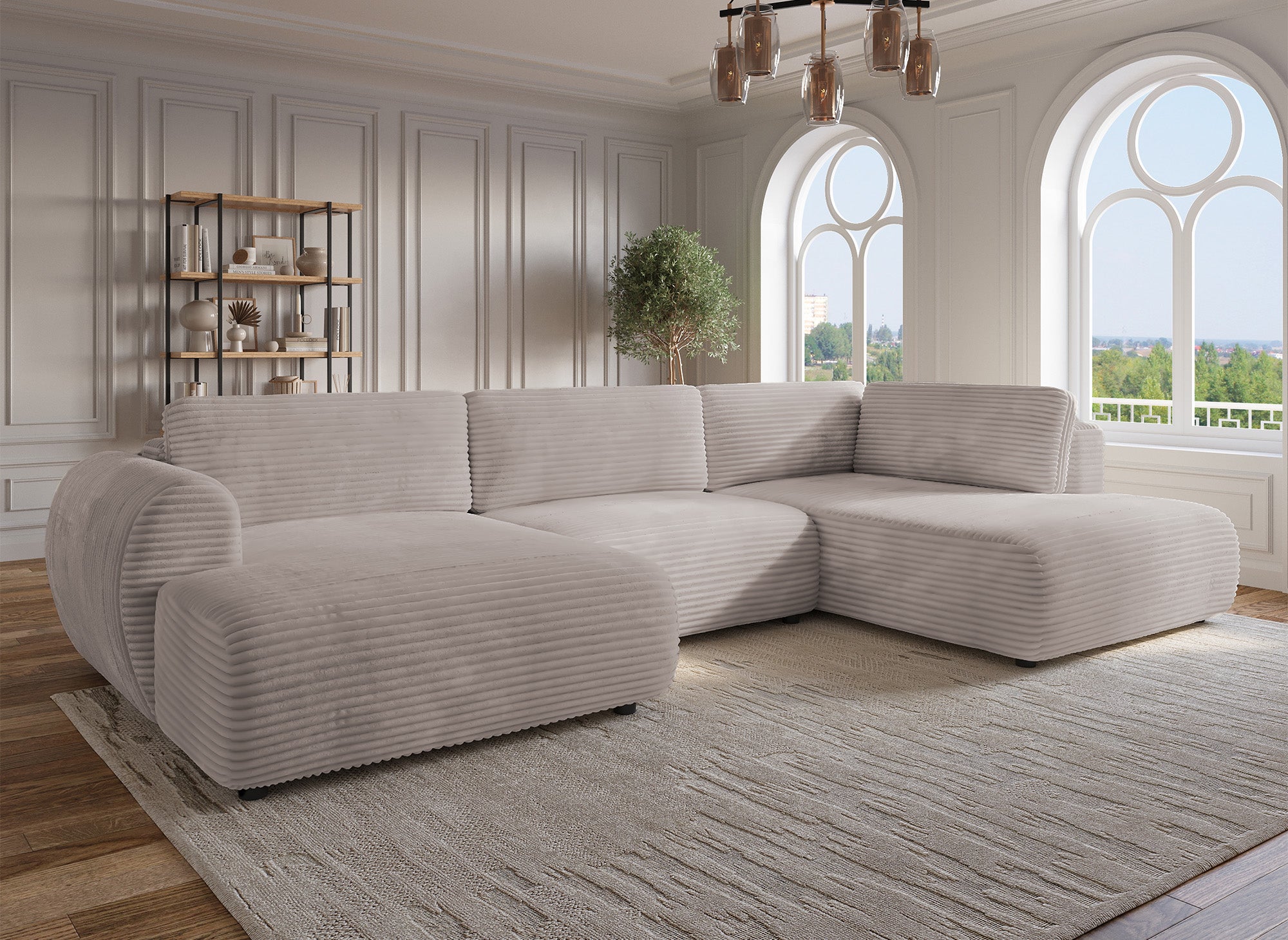 Sofá cama panorámico convertible TILDA con almacenaje en terciopelo de pana color topo - Esquina derecha