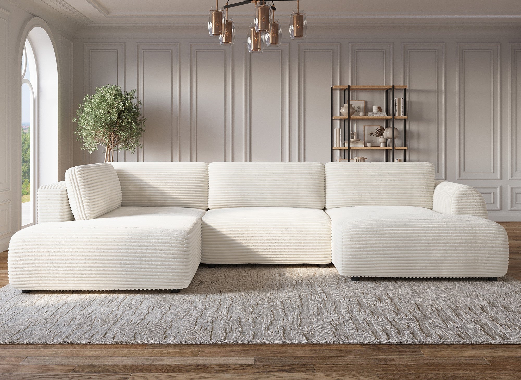 Sofá cama panorámico convertible TILDA con almacenaje en terciopelo de pana beige - Esquina izquierda