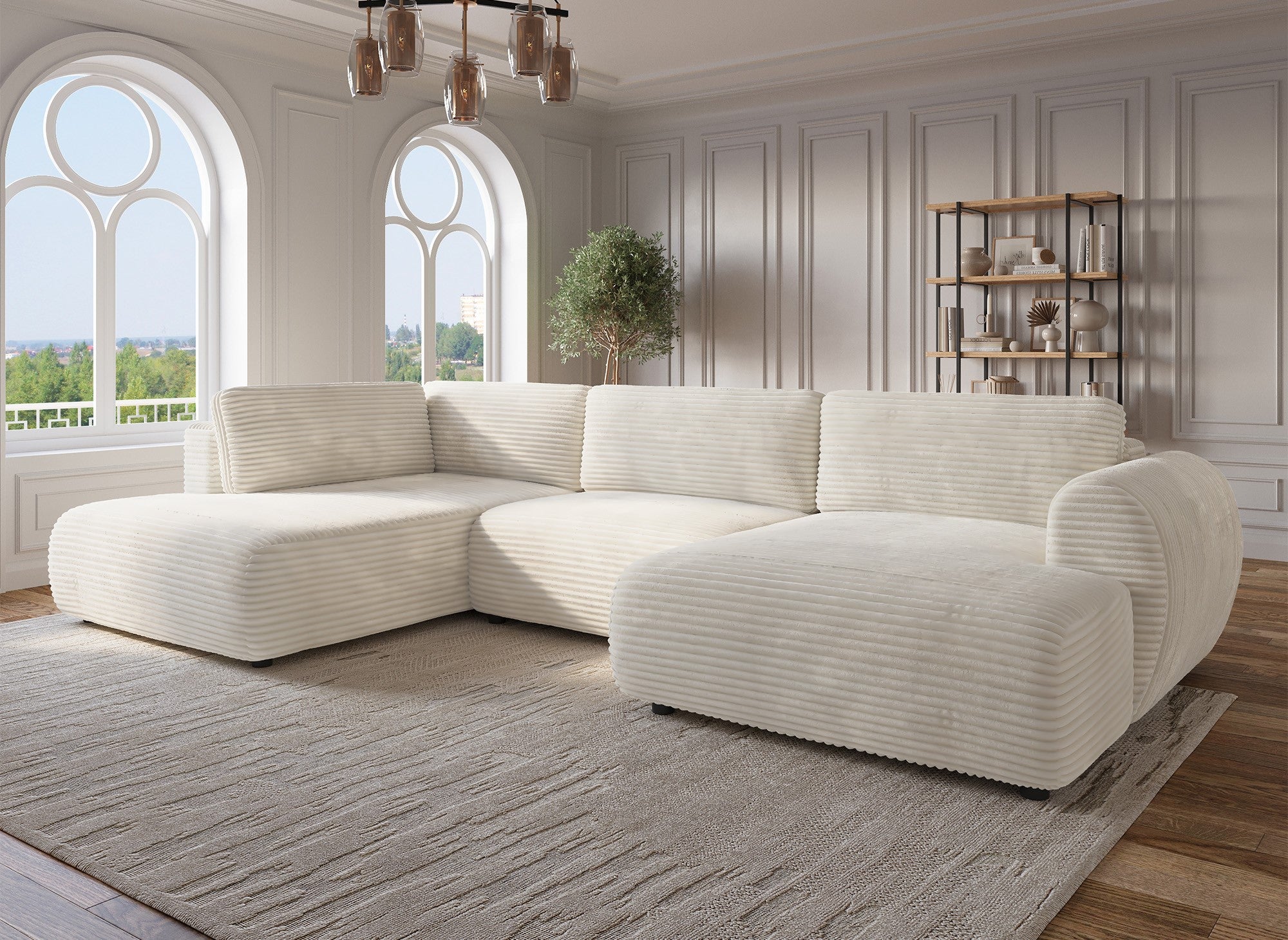 Sofá cama panorámico convertible TILDA con almacenaje en terciopelo de pana beige - Esquina izquierda