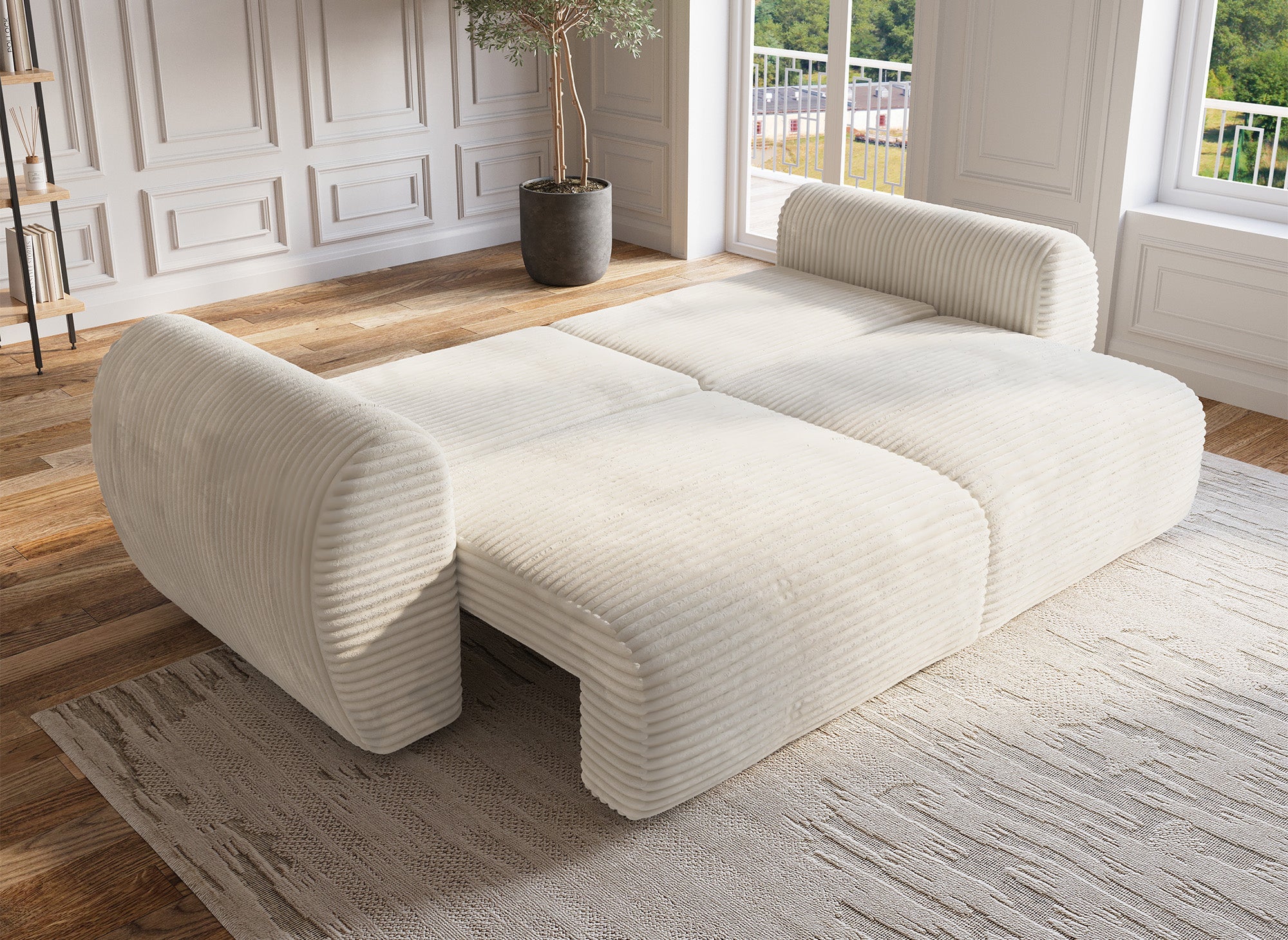 Sofá recto de 3 plazas TILDA con almacenaje en suave tejido de canalé beige