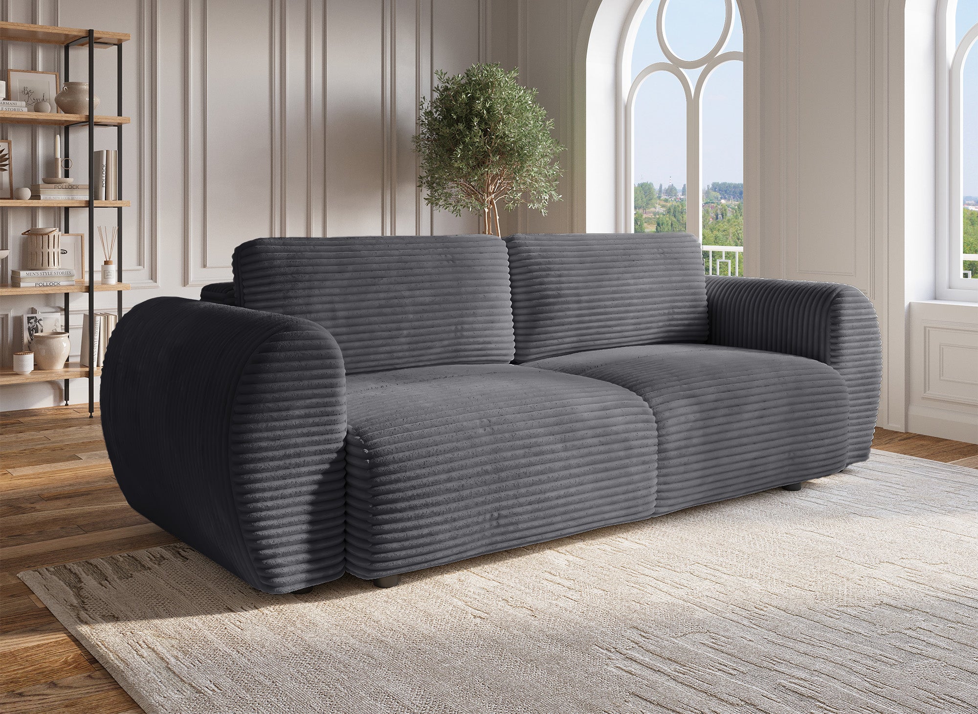 Sofá recto de 3 plazas TILDA con almacenaje en tejido acanalado gris suave.