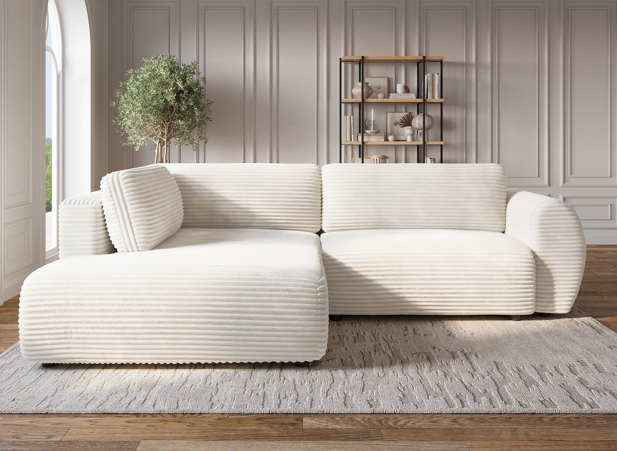 Sofá esquinero convertible TILDA con chaise longue y almacenaje en suave tejido acanalado beige - Esquina izquierda