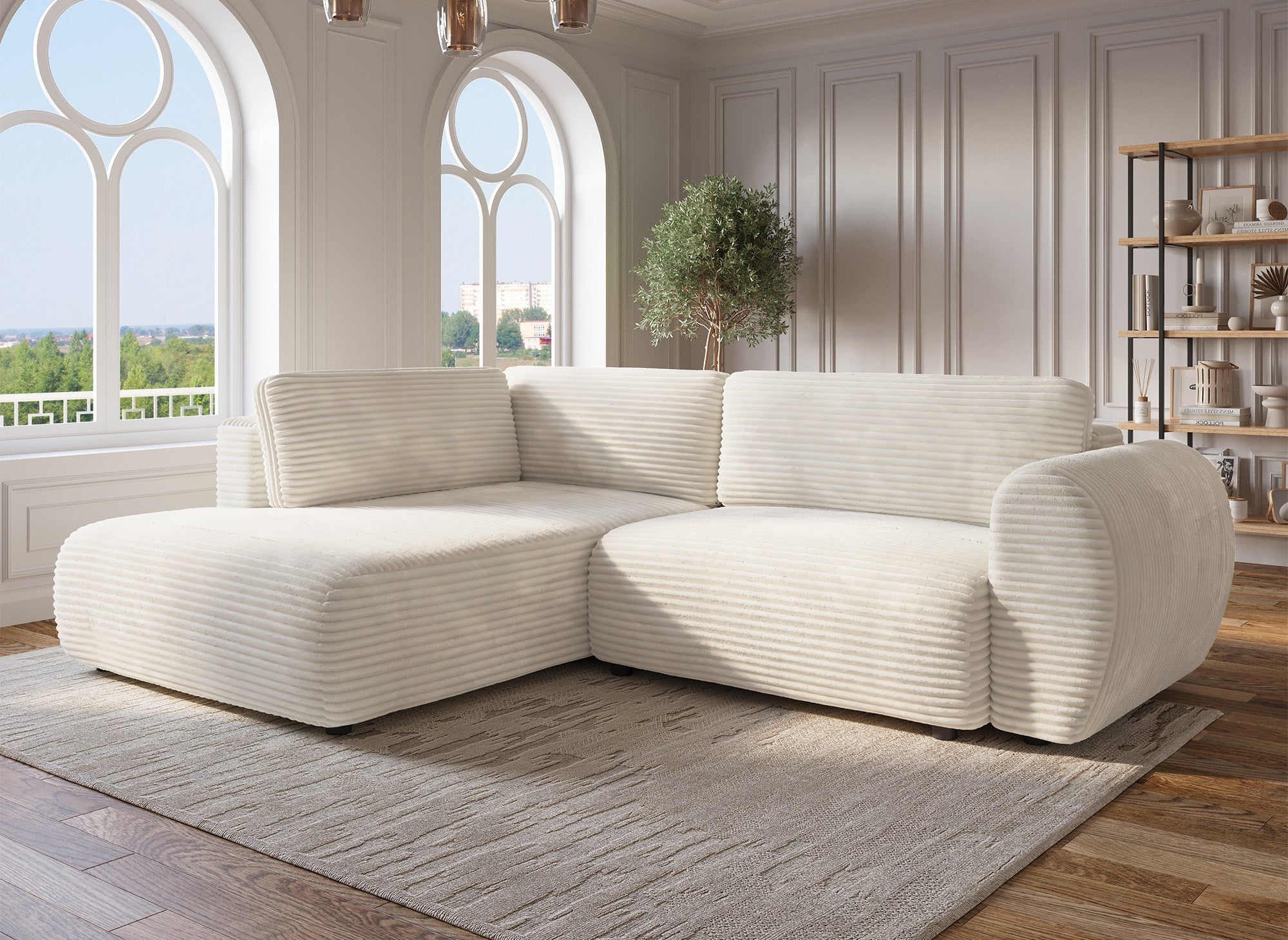 Sofá esquinero convertible TILDA con chaise longue y almacenaje en suave tejido acanalado beige - Esquina izquierda