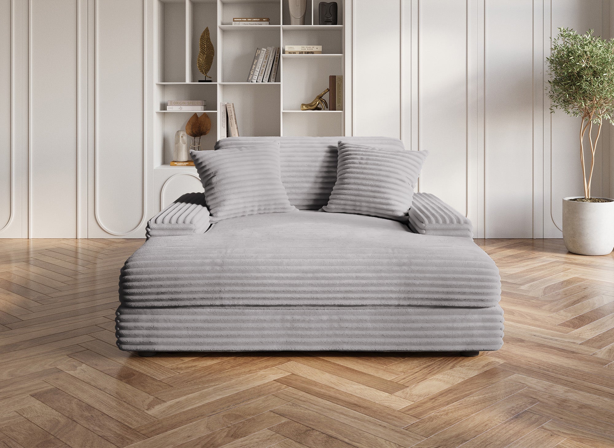 Sofá chaise longue individual DAHO en terciopelo gris de rayas anchas