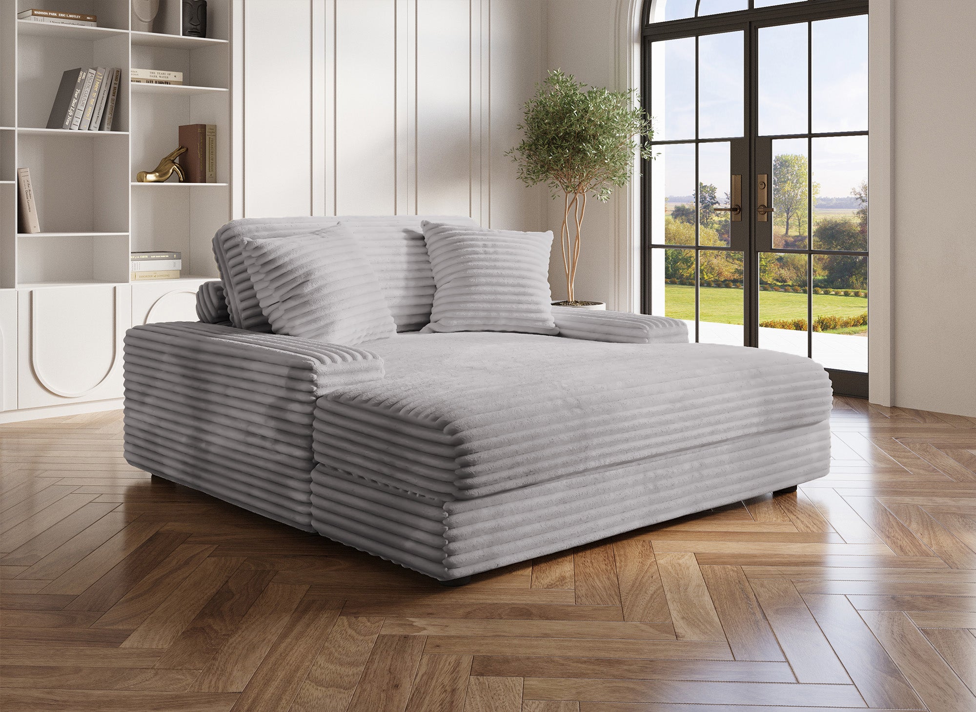 Sofá chaise longue individual DAHO en terciopelo gris de rayas anchas