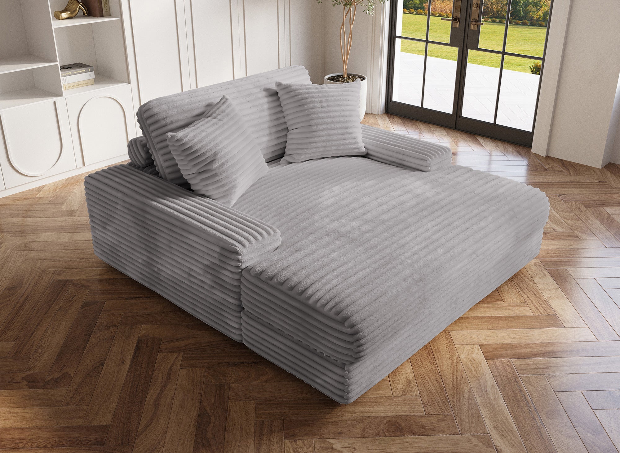Sofá chaise longue individual DAHO en terciopelo gris de rayas anchas