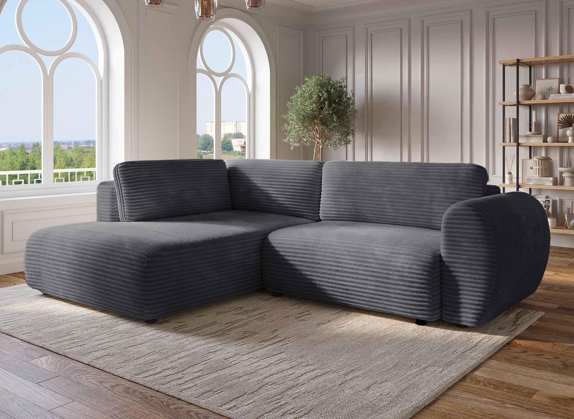 Sofá cama esquinero TILDA con chaise longue y almacenaje en tejido acanalado gris suave - Esquina izquierda