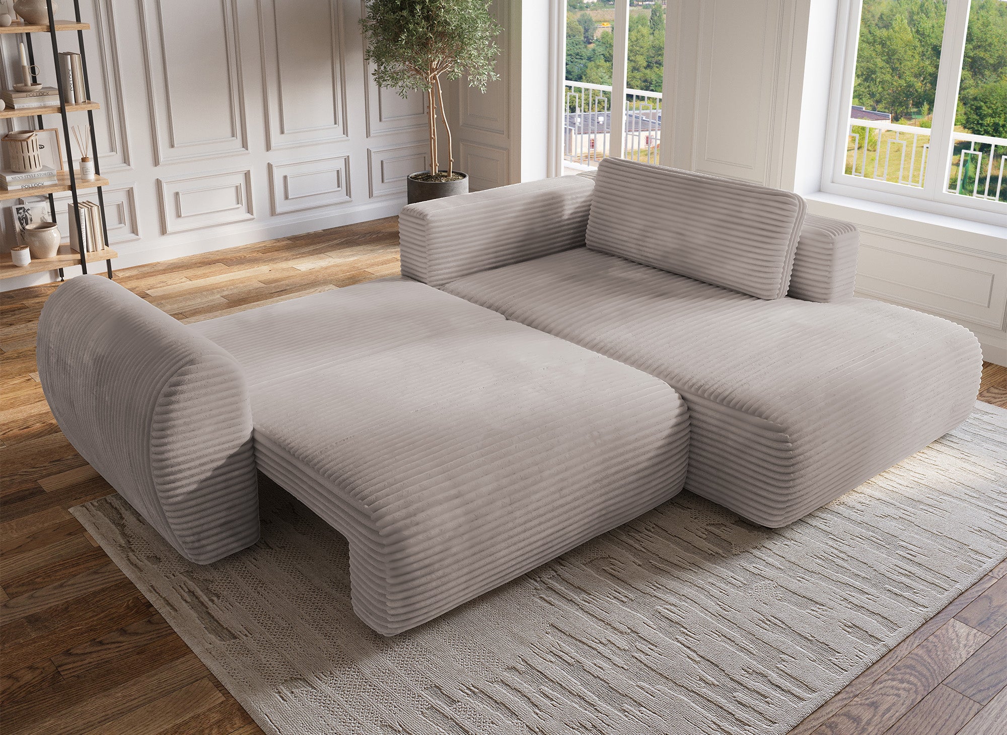 Sofá cama esquinero TILDA con chaise longue y almacenaje en suave color topo acanalado - Esquina derecha