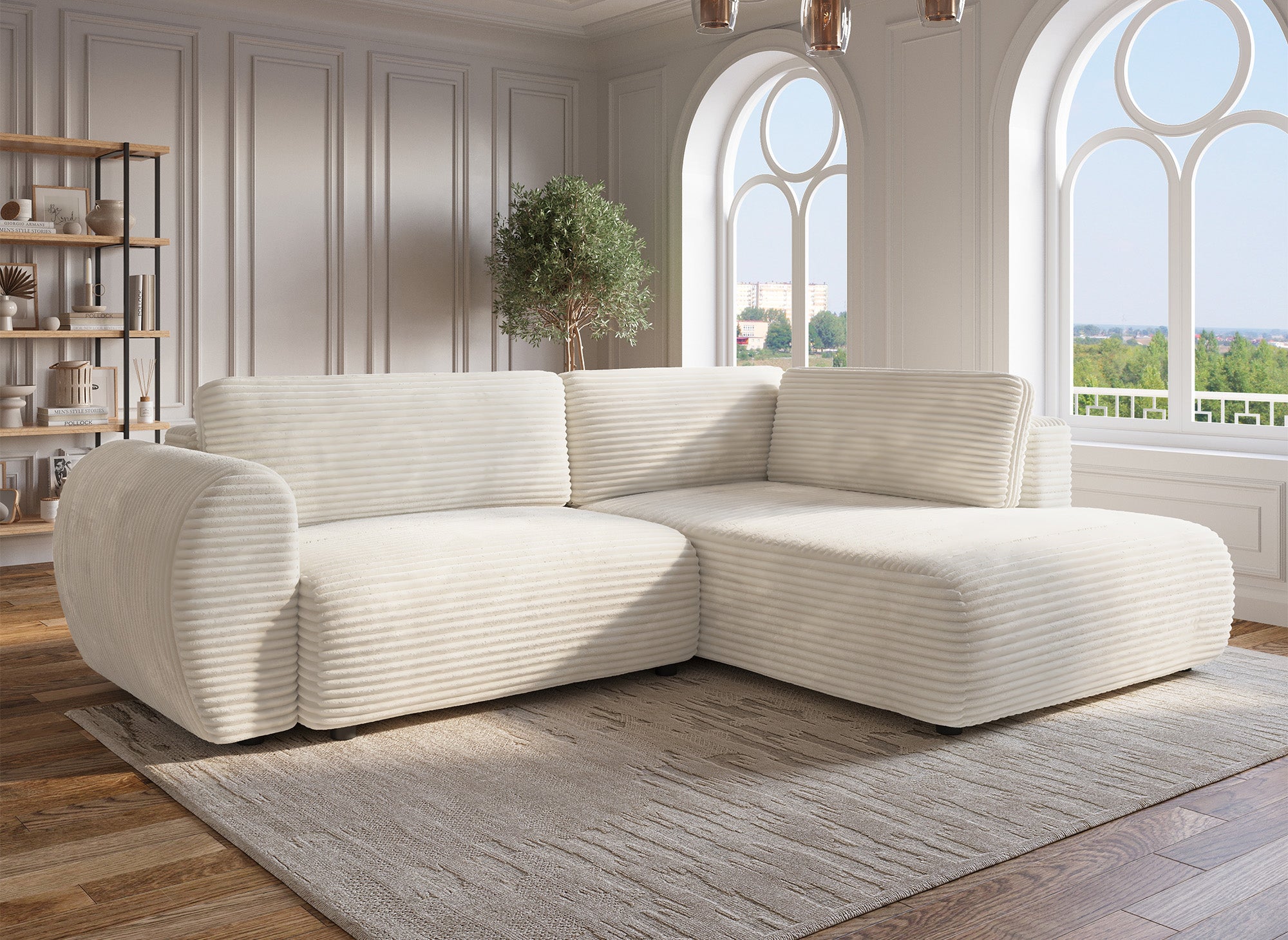 Sofá esquinero convertible TILDA con chaise longue y almacenaje en suave tejido acanalado beige - Esquinero derecho