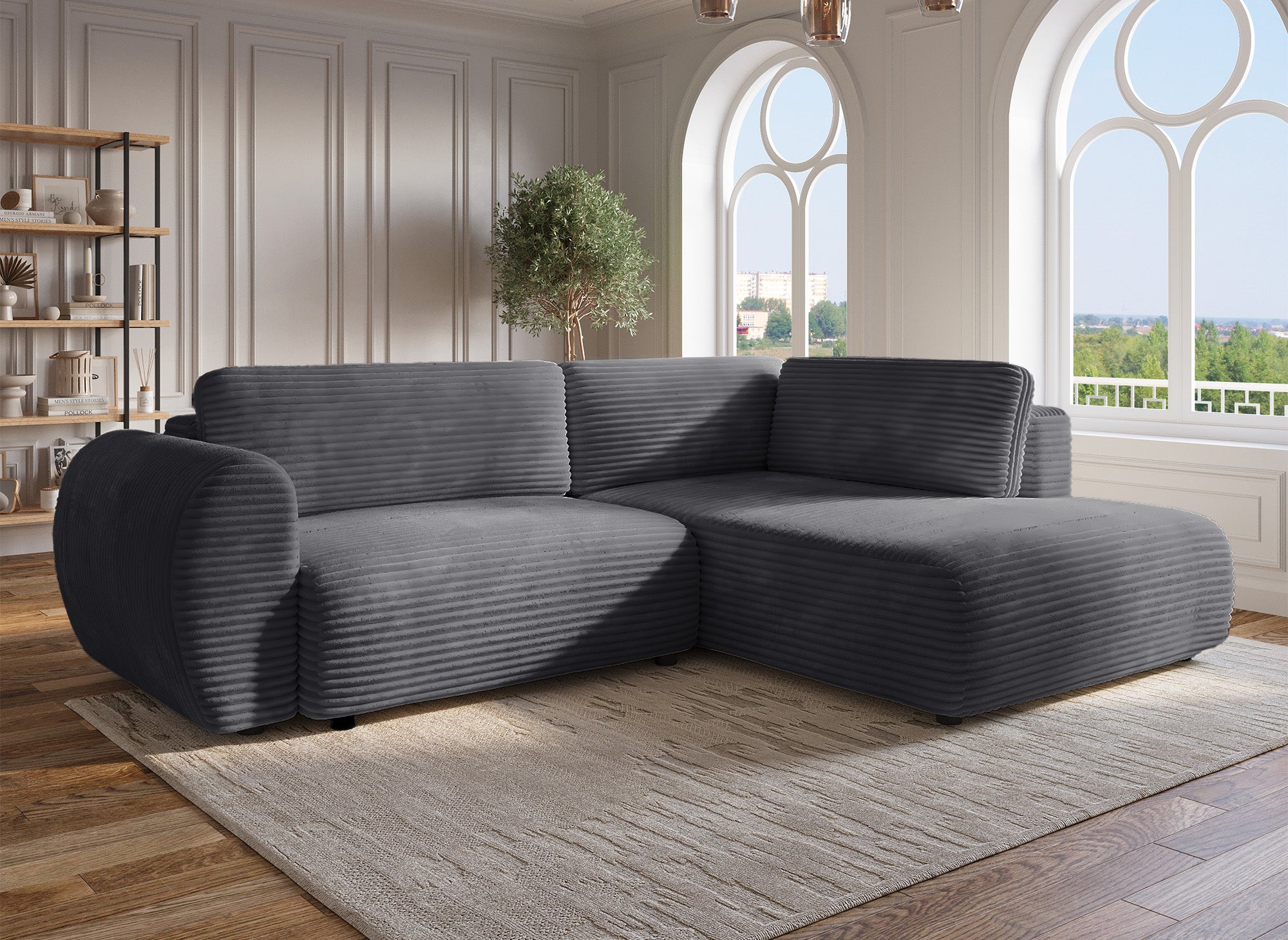 Sofá cama esquinero TILDA con chaise longue y almacenaje en pana gris gruesa - Esquina derecha