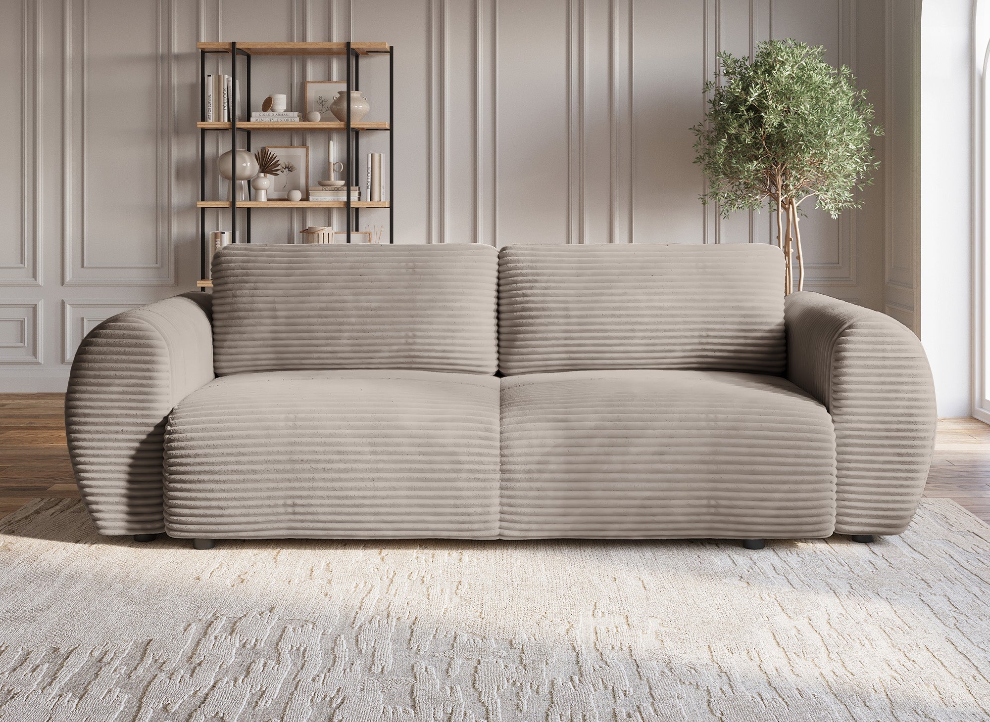 Sofá recto de 3 plazas TILDA con almacenaje en suave tejido acanalado color topo