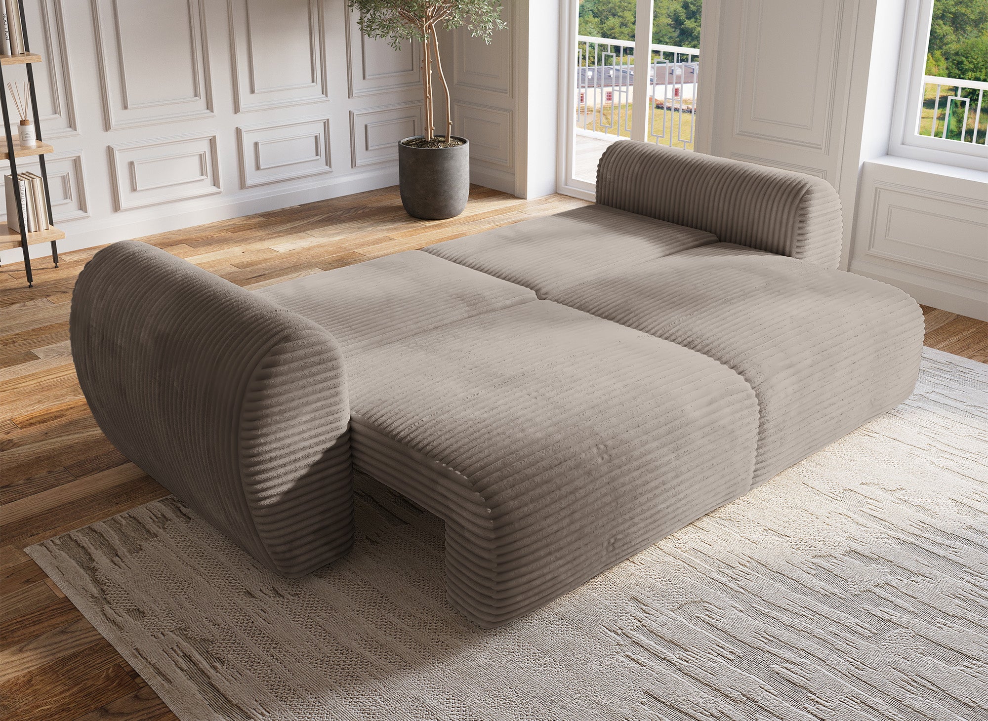 Sofá recto de 3 plazas TILDA con almacenaje en suave tejido acanalado color topo