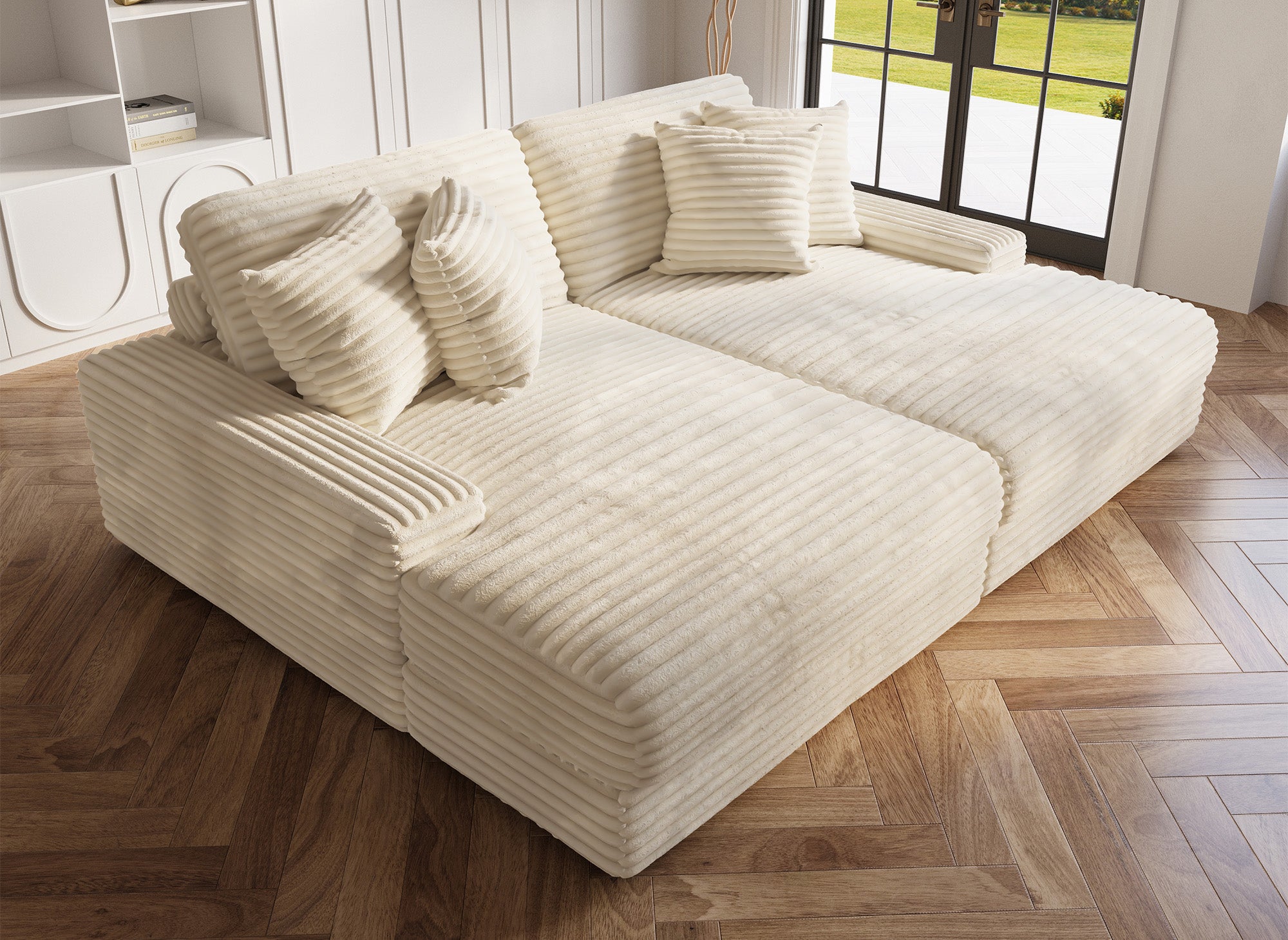 Sofá recto de 2 plazas DAHO en suave tejido acanalado color beige