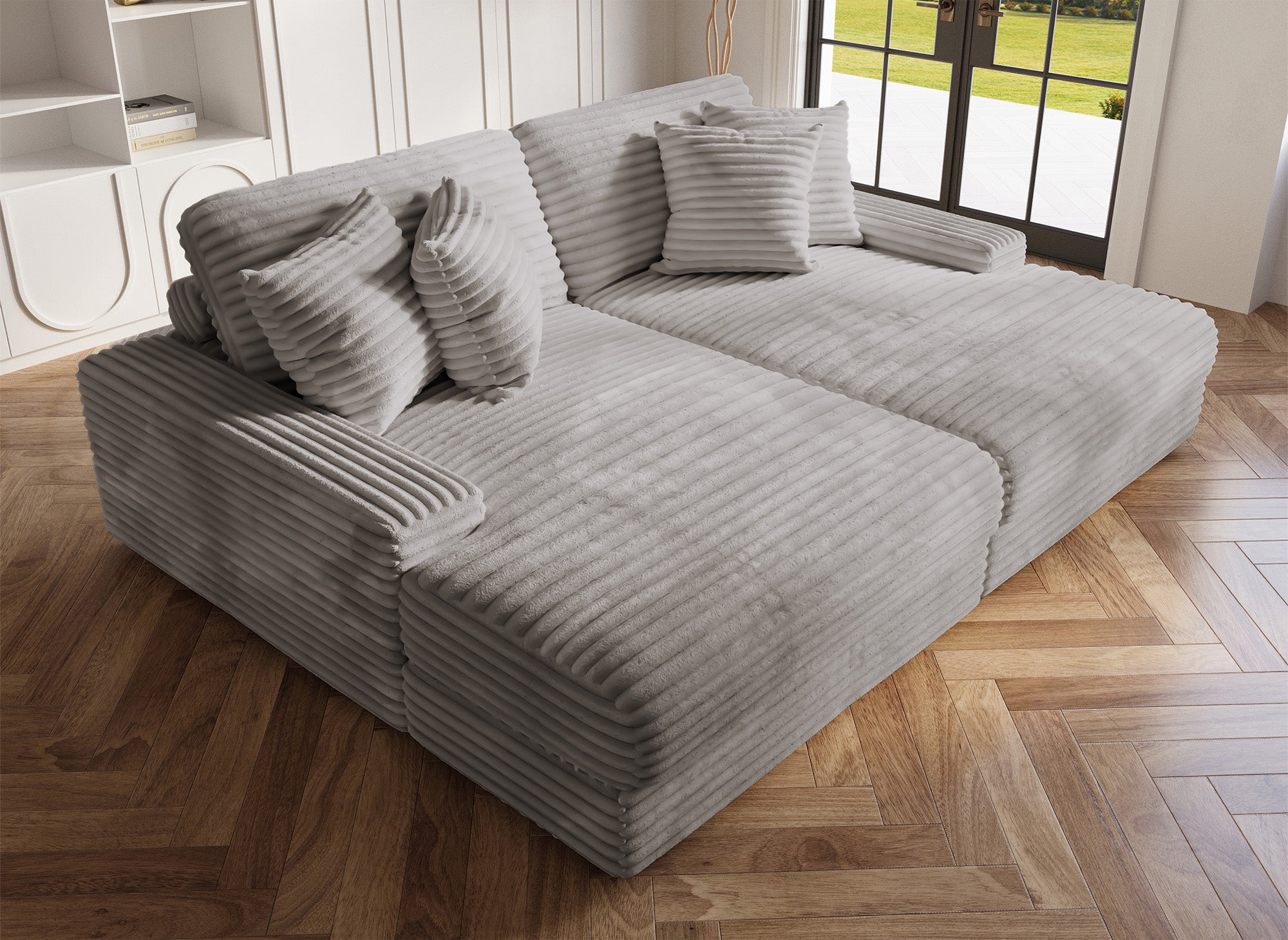 Sofá recto de 2 plazas DAHO en tejido acanalado gris suave