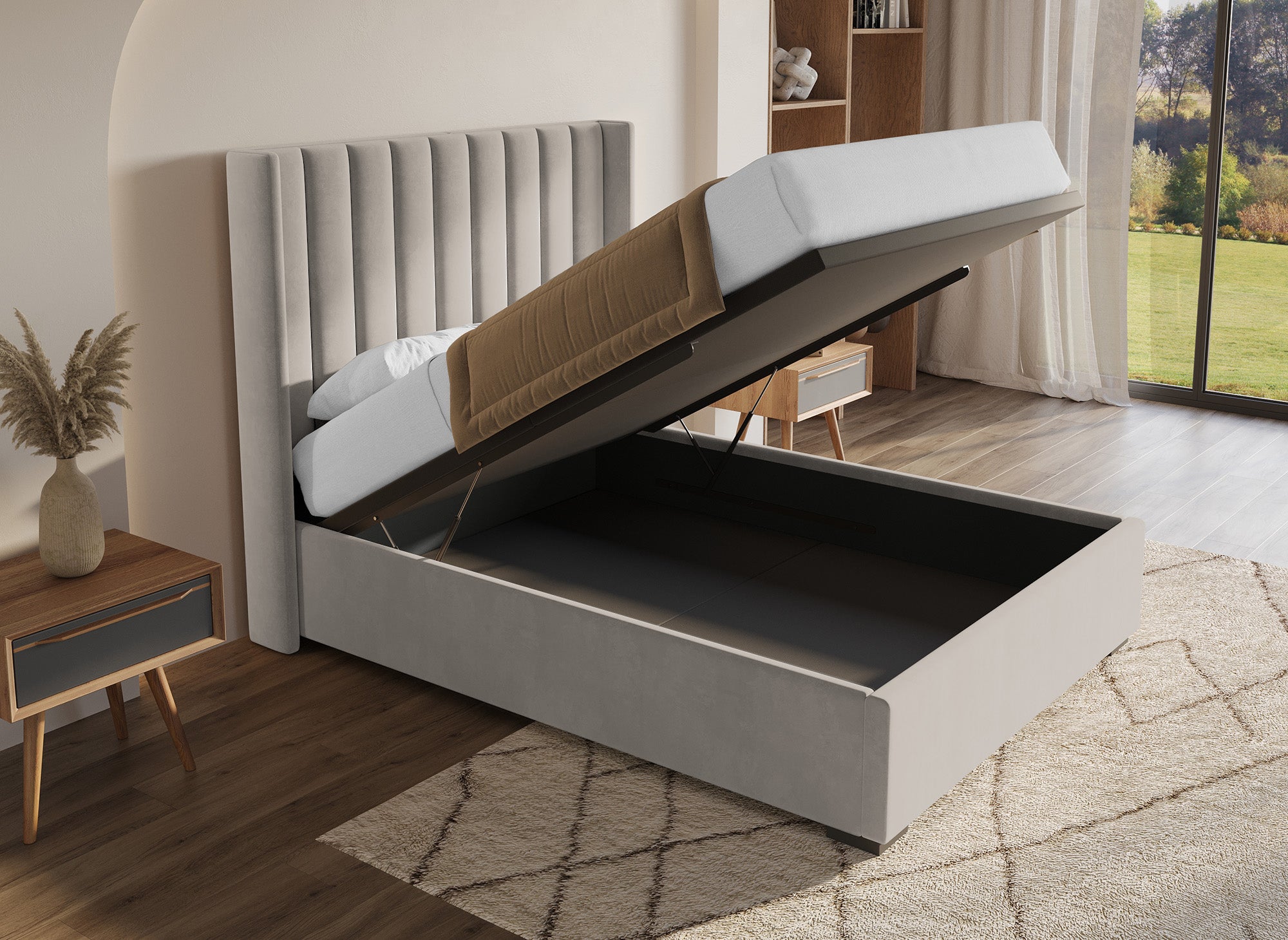 Cama con almacenaje ALENA de terciopelo color topo, 140x190 cm