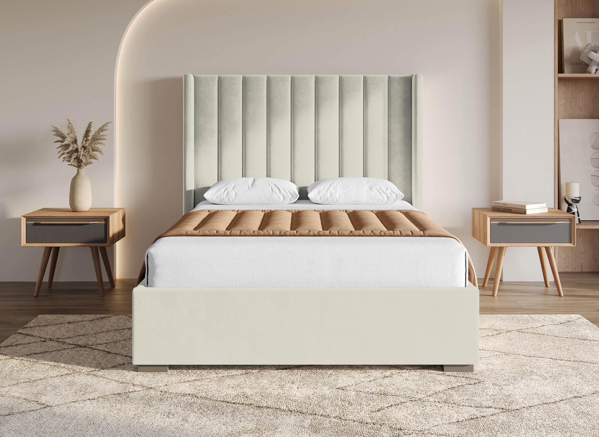 Cama con almacenaje ALENA de terciopelo beige 140x190 cm
