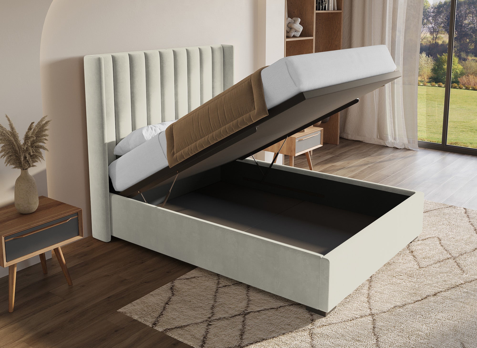 Cama con almacenaje ALENA de terciopelo beige 140x190 cm