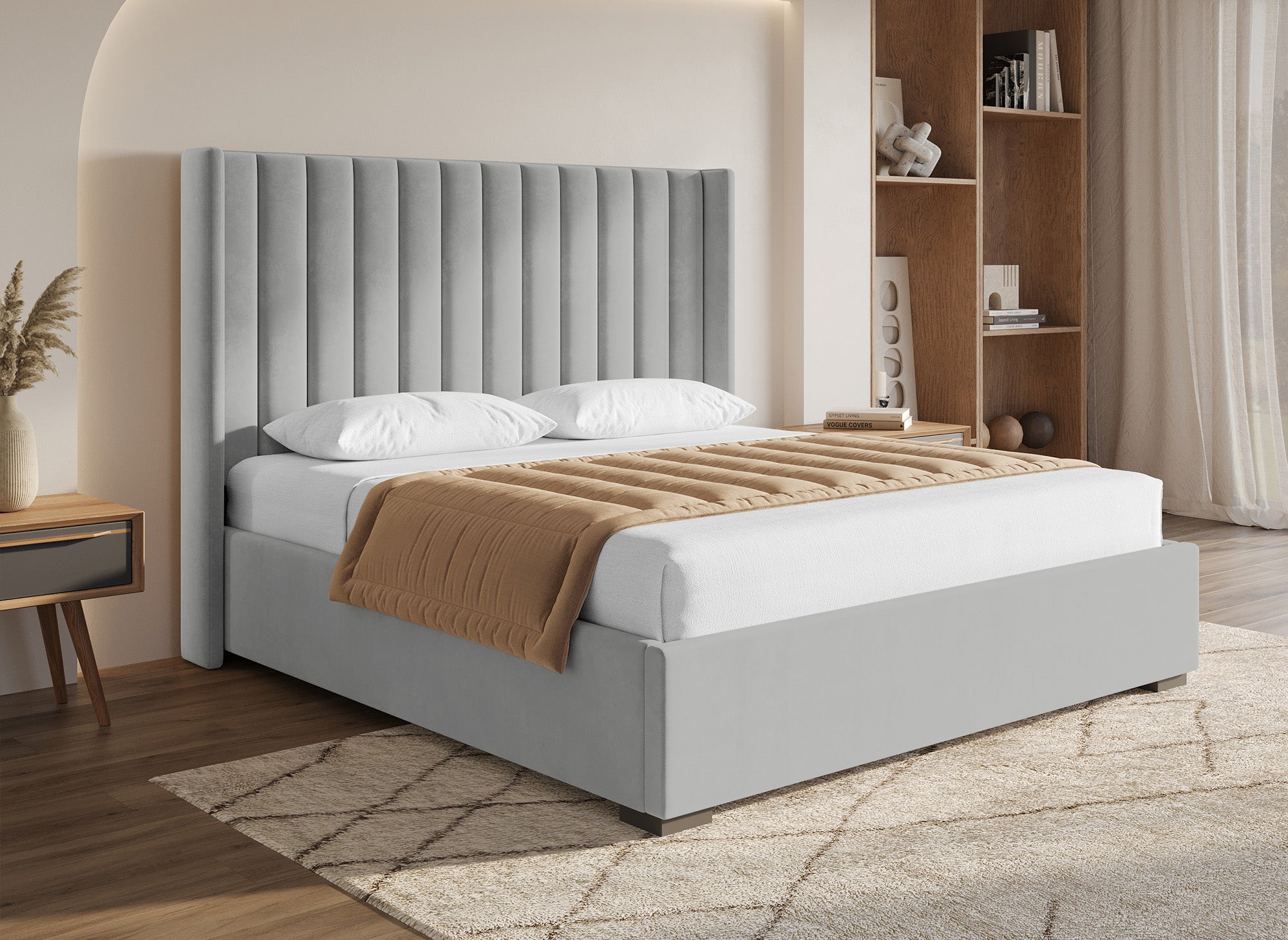 Cama ALENA de terciopelo gris con almacenaje 180x200