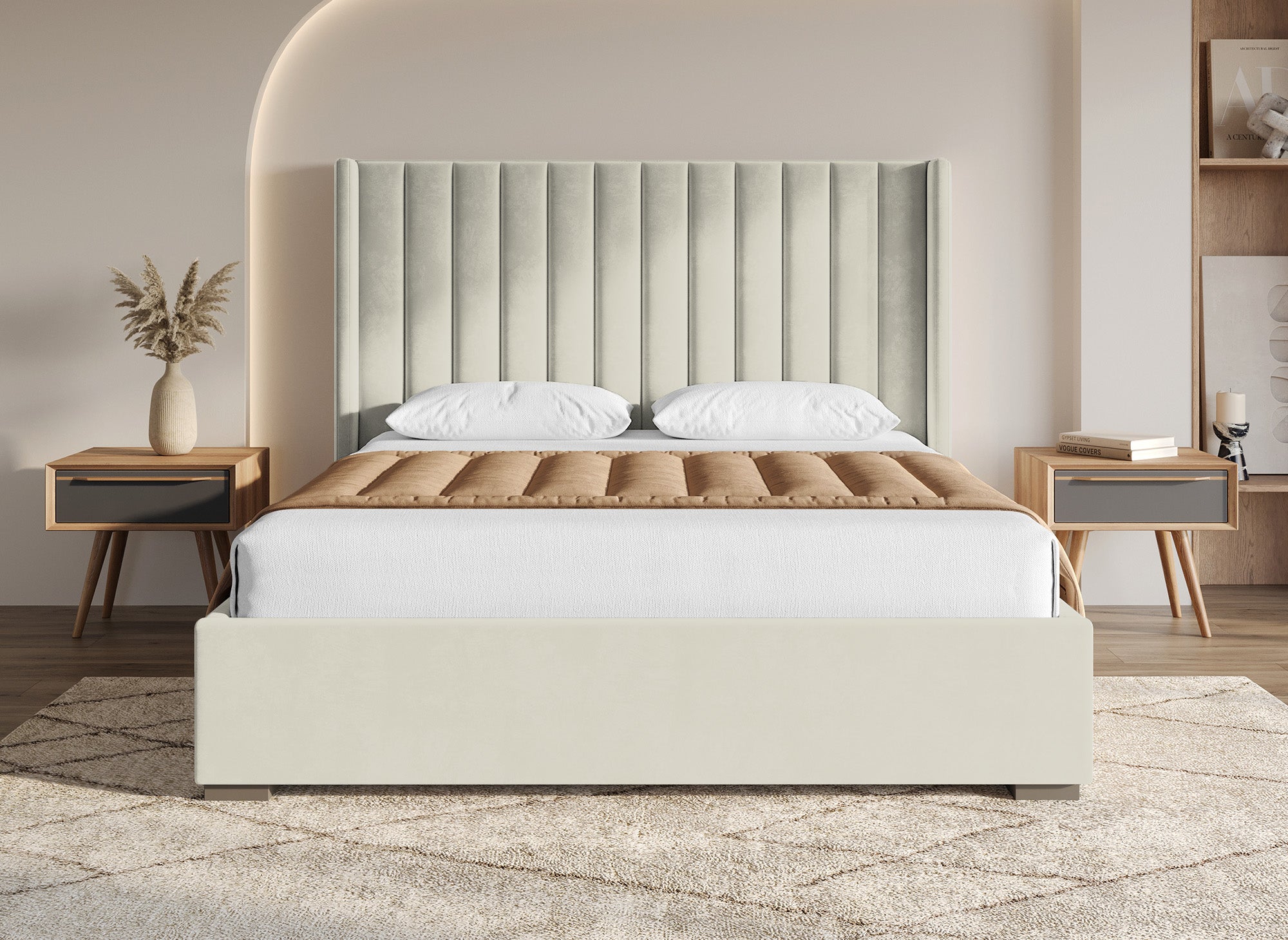 Cama con almacenaje ALENA de terciopelo beige 180x200 cm