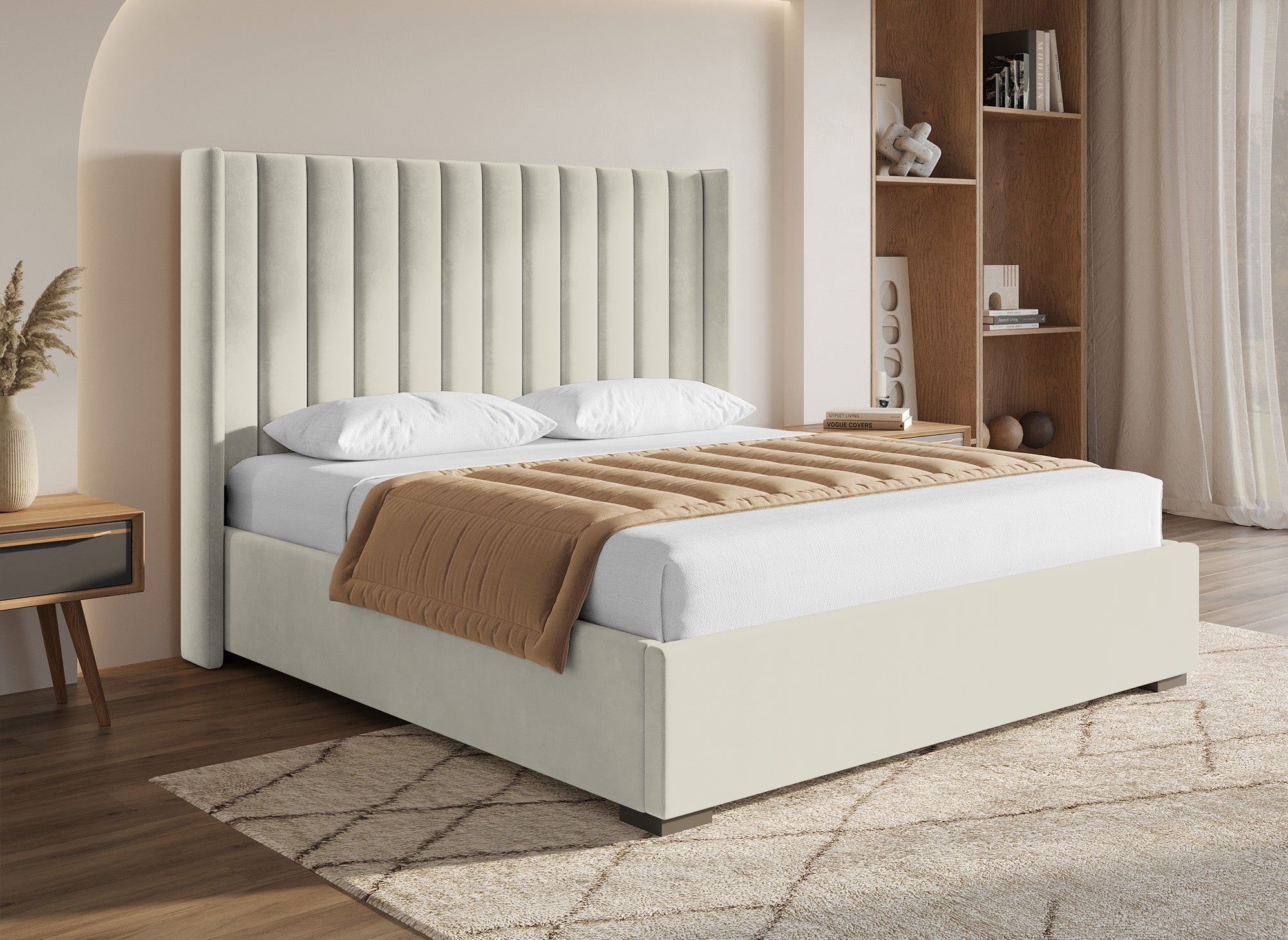 Cama con almacenaje ALENA de terciopelo beige 180x200 cm