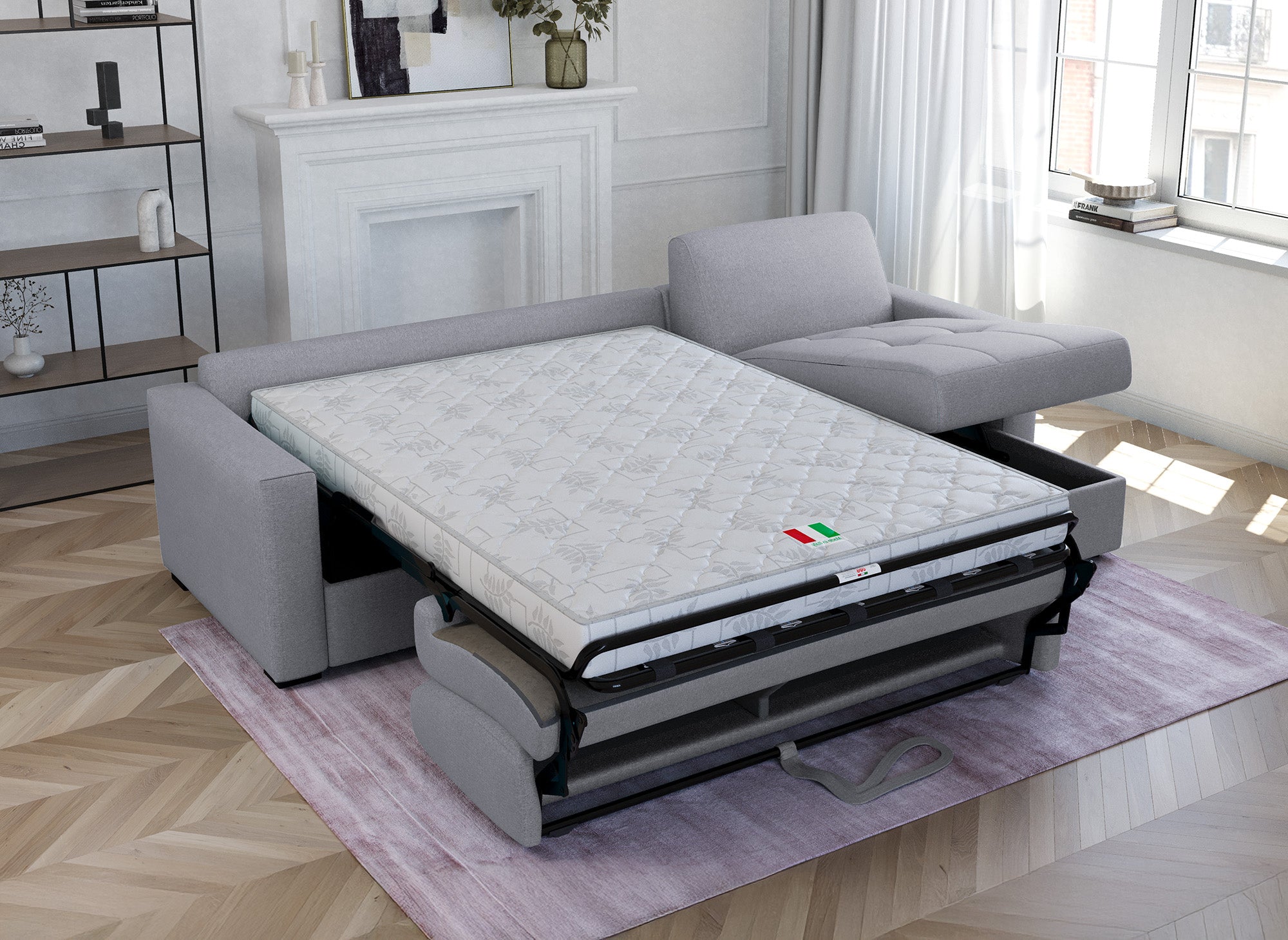 Sofá cama esquinero reversible LOUNA en tela gris con compartimento de almacenamiento
