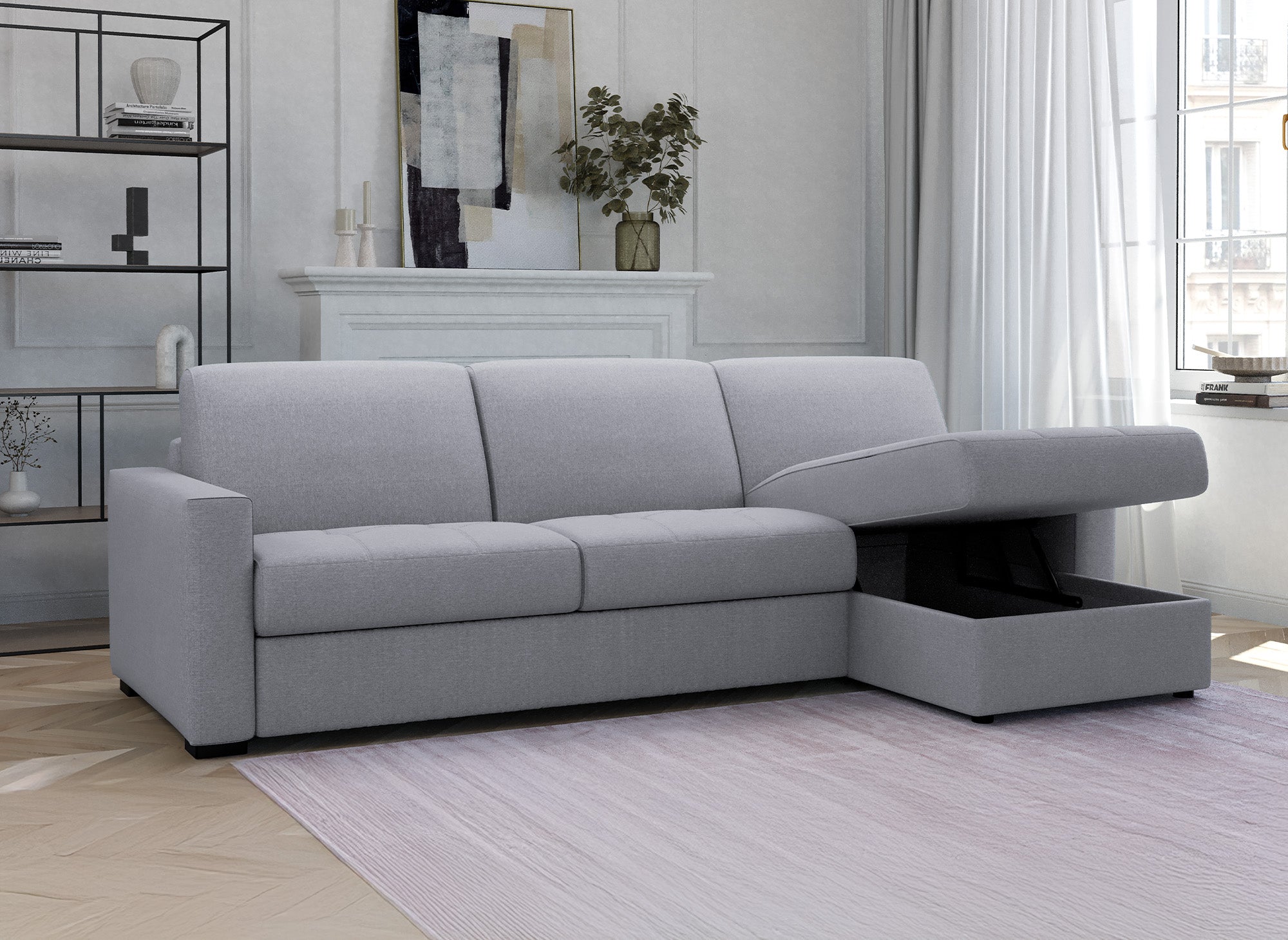 Sofá cama esquinero reversible LOUNA en tela gris con compartimento de almacenamiento