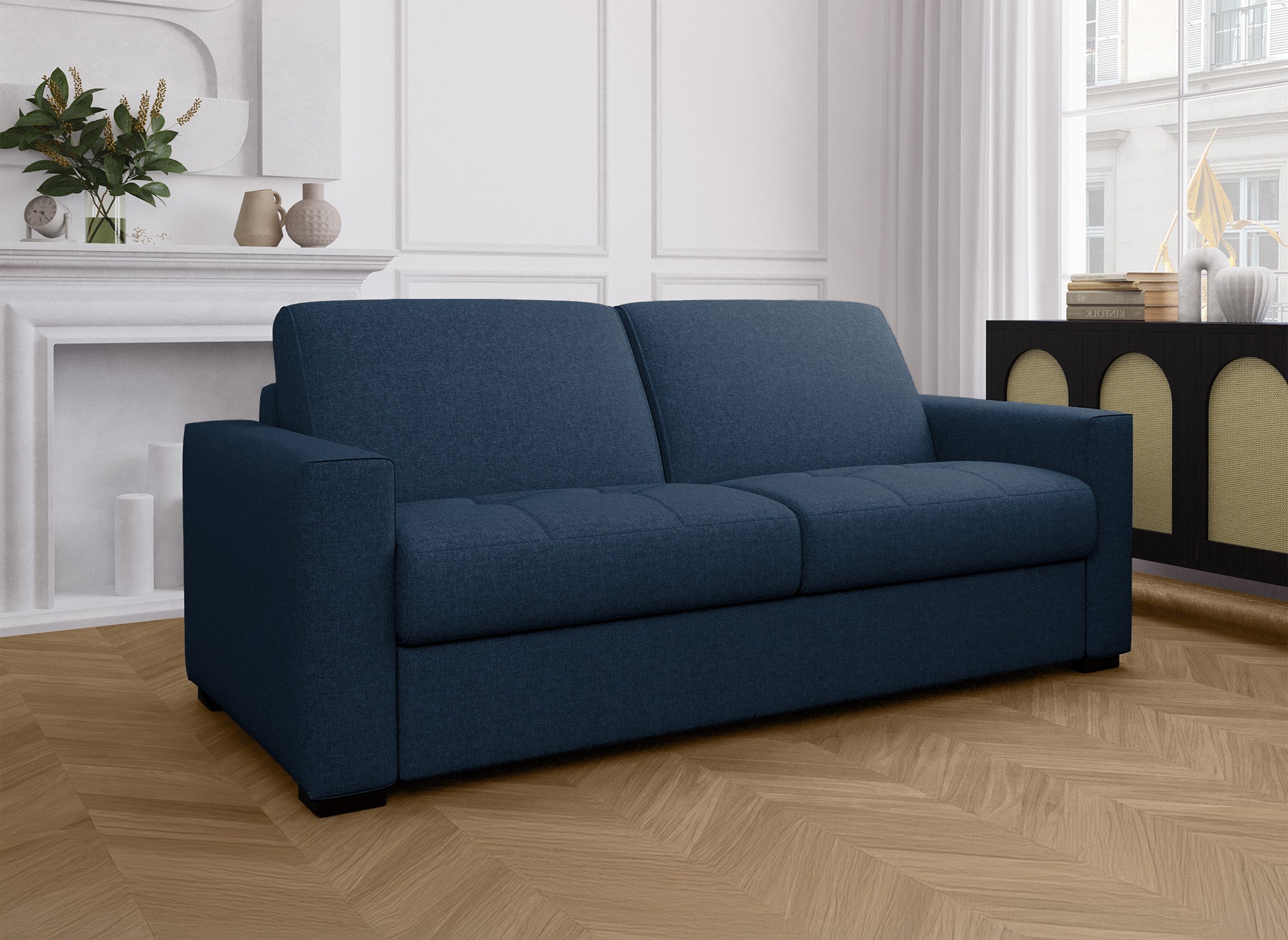 Sofá cama LOUNA de 3 plazas en tela vaquera azul con apertura rápida