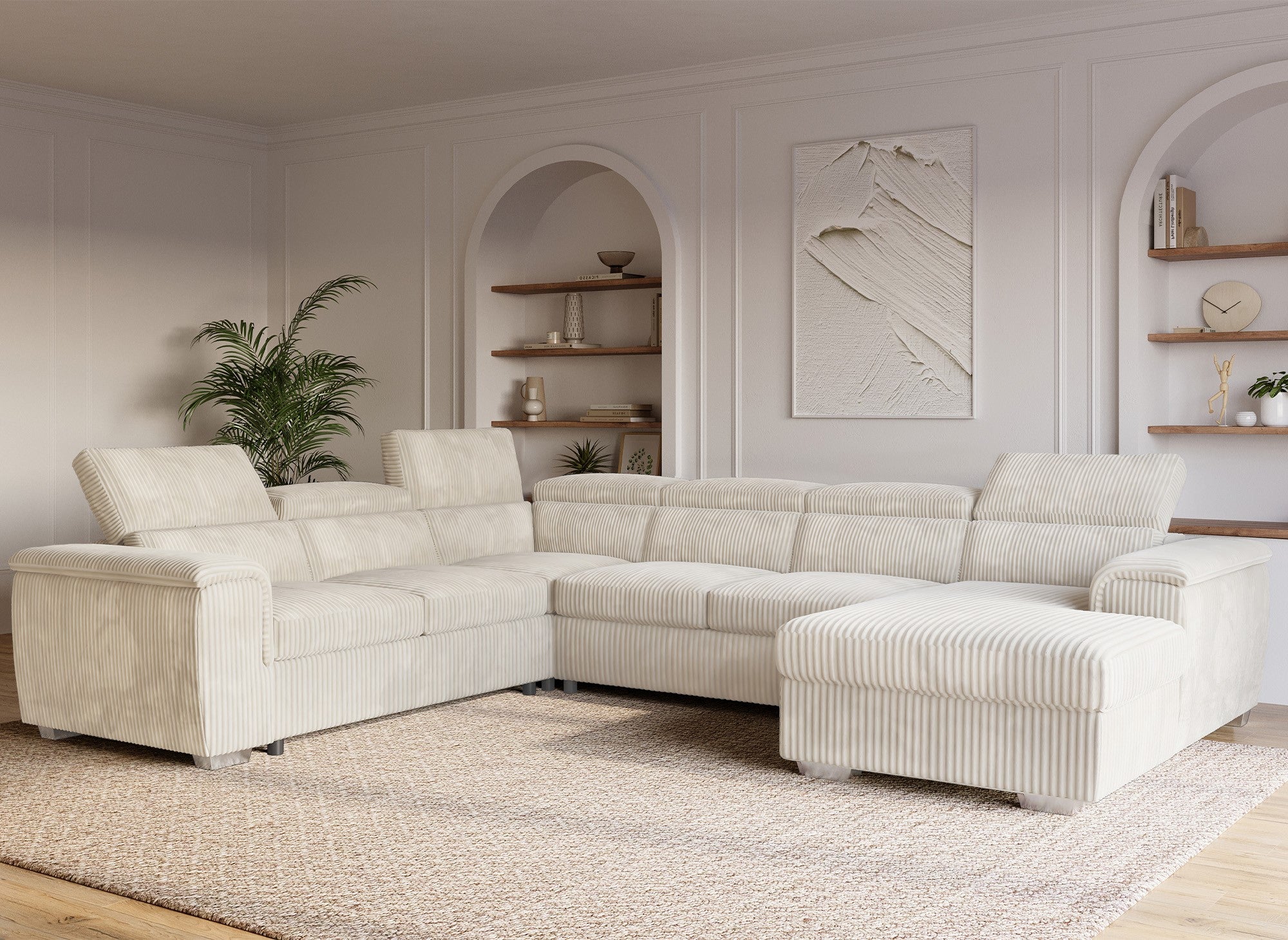 Sofá cama panorámico convertible GAELLE con almacenaje en pana gruesa color beige - Esquina derecha