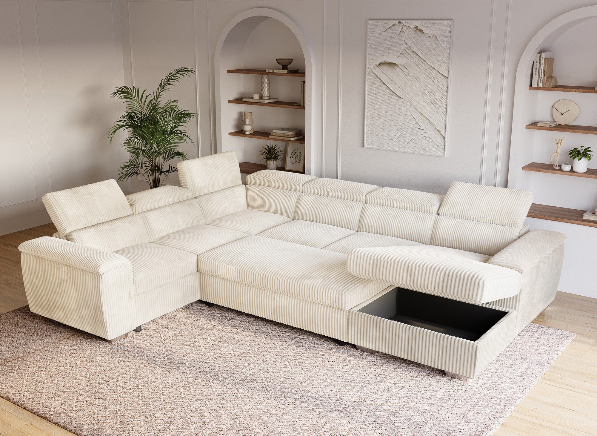 Sofá cama panorámico convertible GAELLE con almacenaje en pana gruesa color beige - Esquina derecha