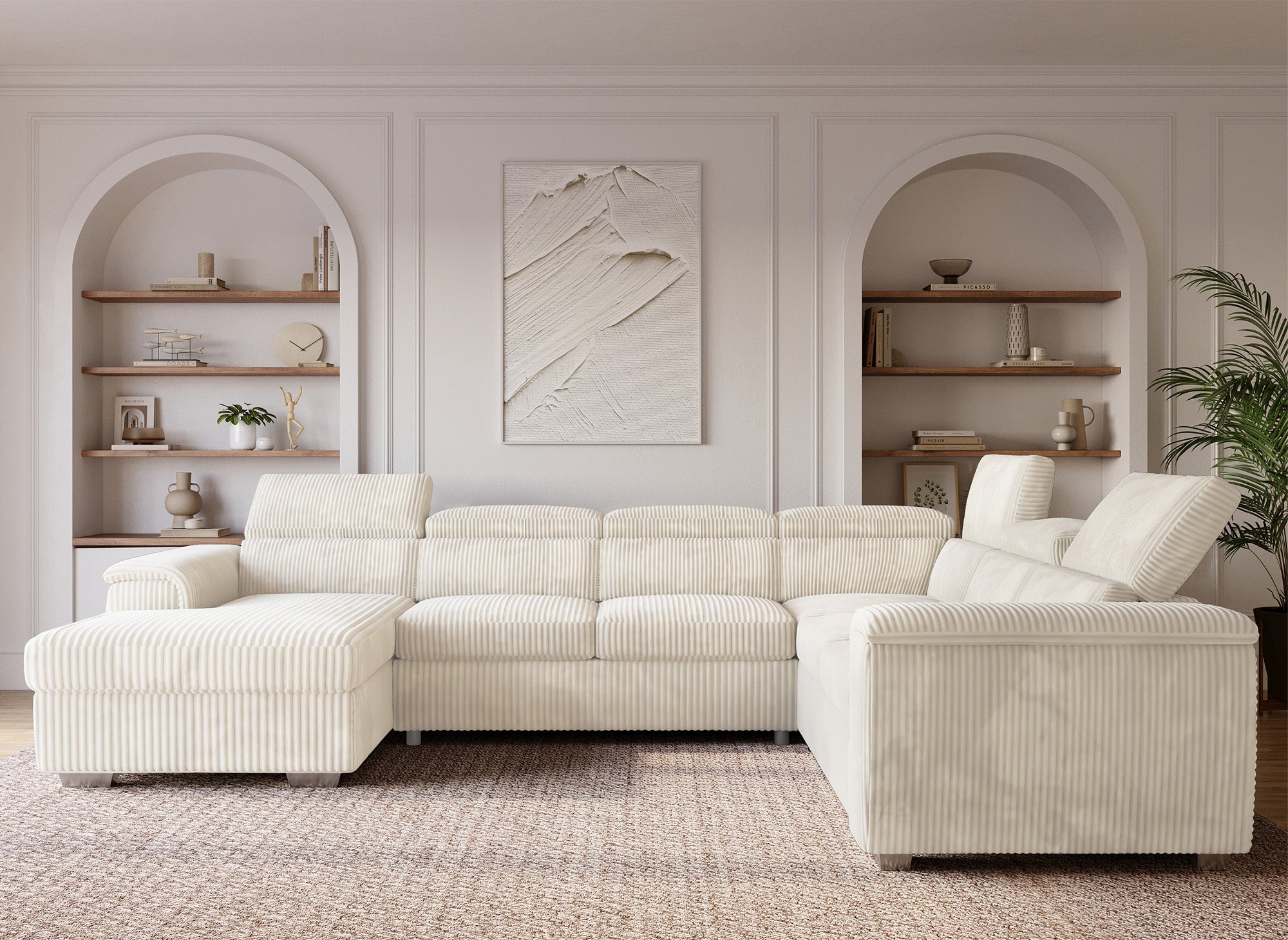 Sofá cama panorámico convertible GAELLE con almacenaje en pana gruesa color beige - Esquina izquierda