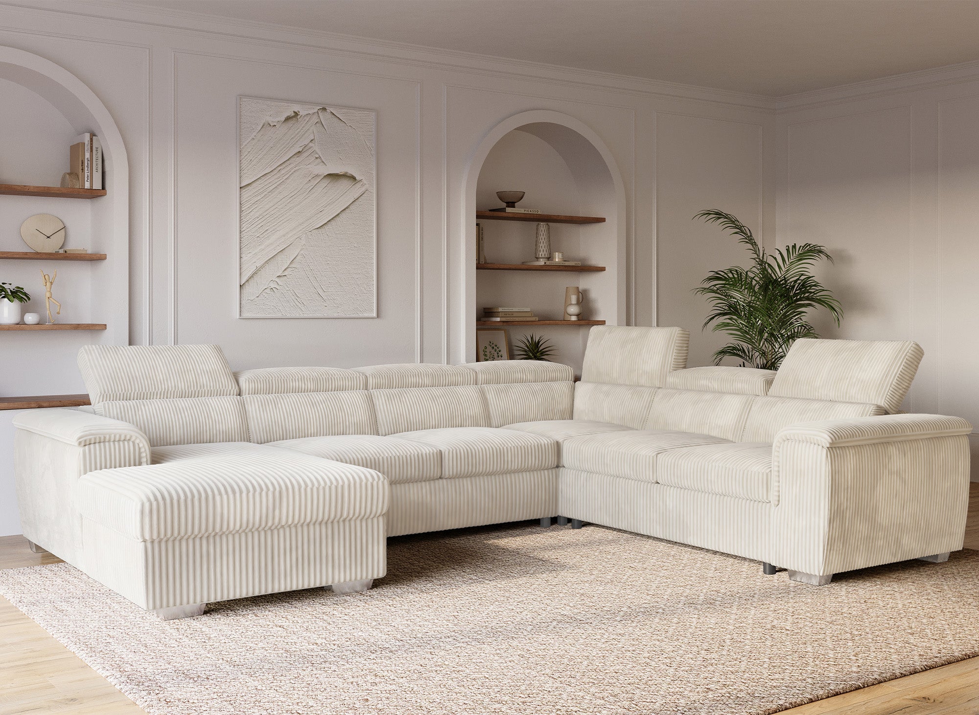 Sofá cama panorámico convertible GAELLE con almacenaje en pana gruesa color beige - Esquina izquierda