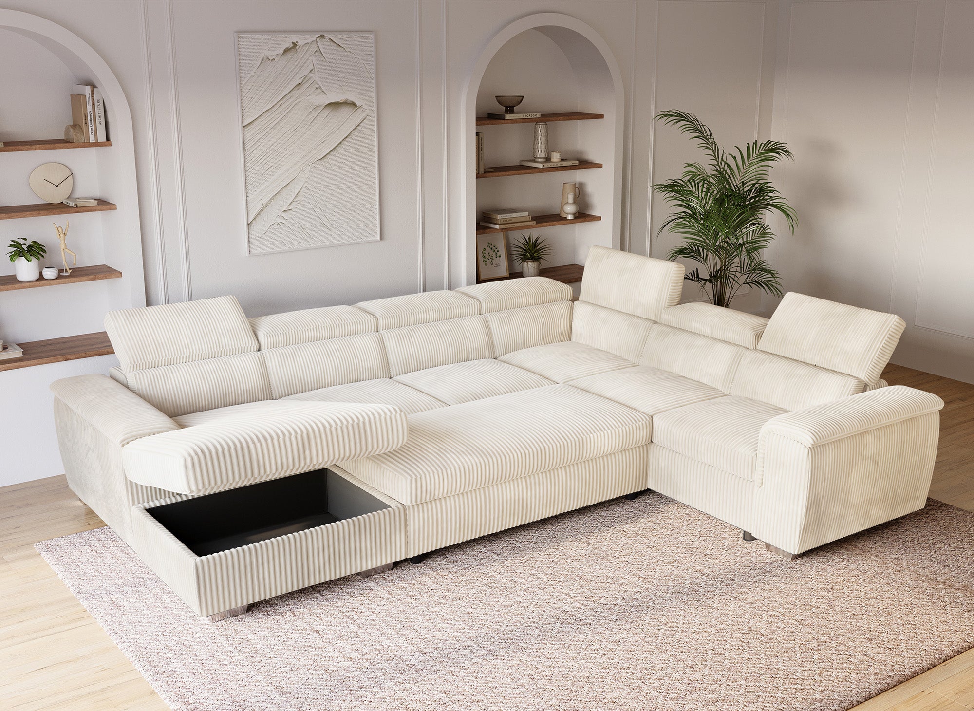 Sofá cama panorámico convertible GAELLE con almacenaje en pana gruesa color beige - Esquina izquierda