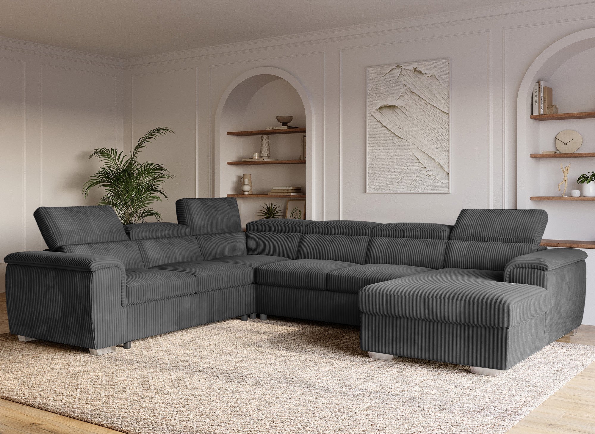Sofá cama panorámico convertible GAELLE con almacenaje en pana gris gruesa - esquina derecha
