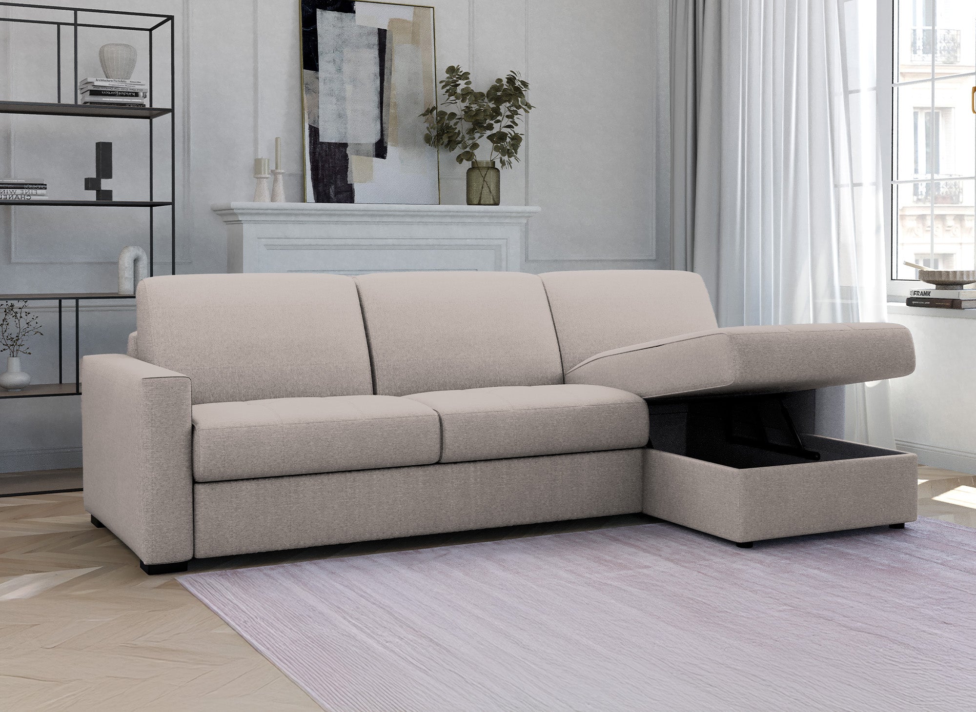 Sofá cama esquinero reversible LOUNA en tela beige con compartimento de almacenamiento