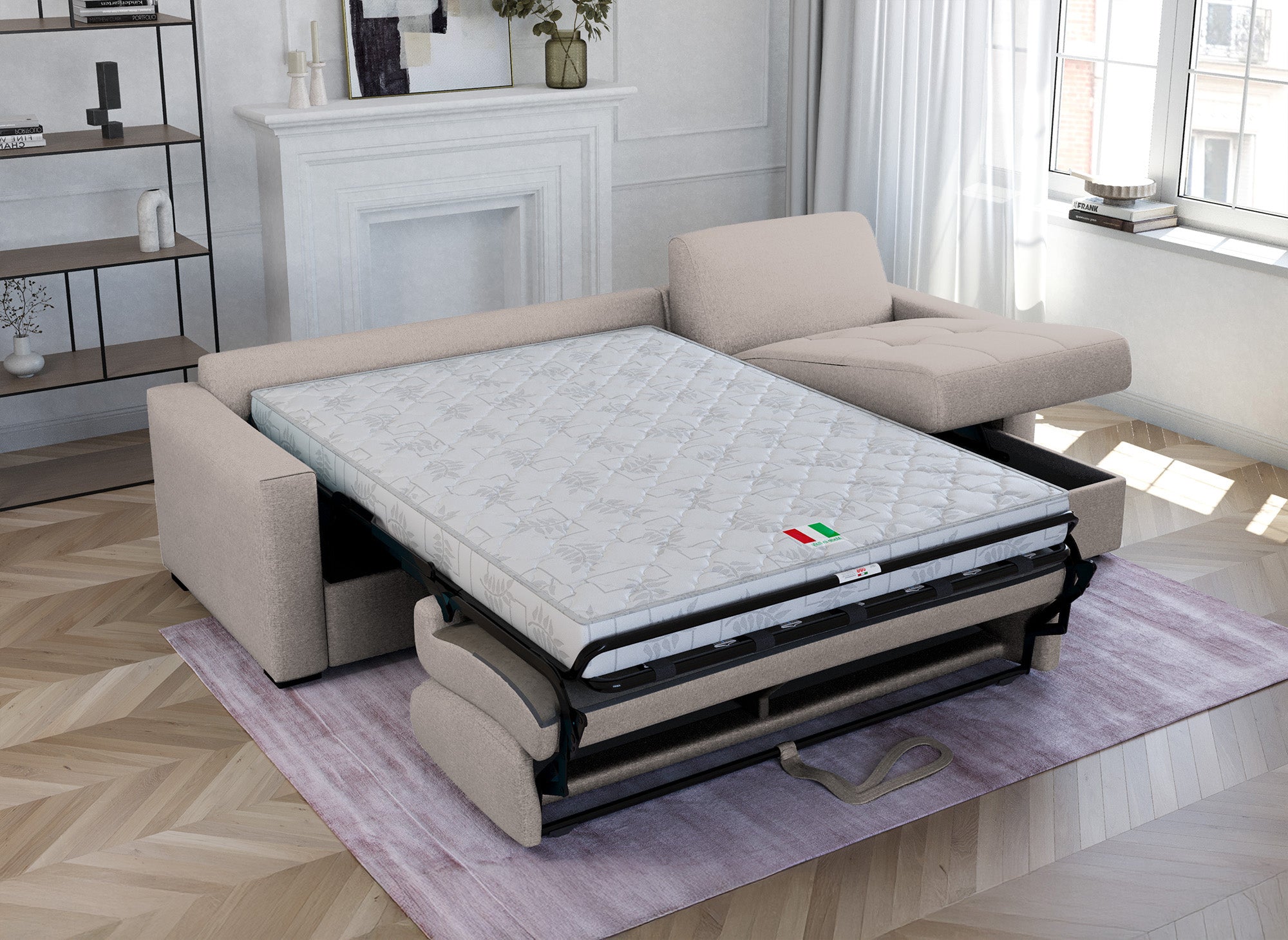 Sofá cama esquinero reversible LOUNA en tela beige con compartimento de almacenamiento