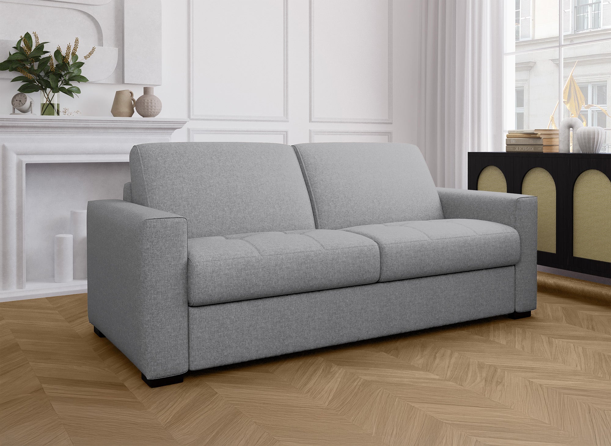 Sofá cama LOUNA de 3 plazas en tela gris con apertura rápida