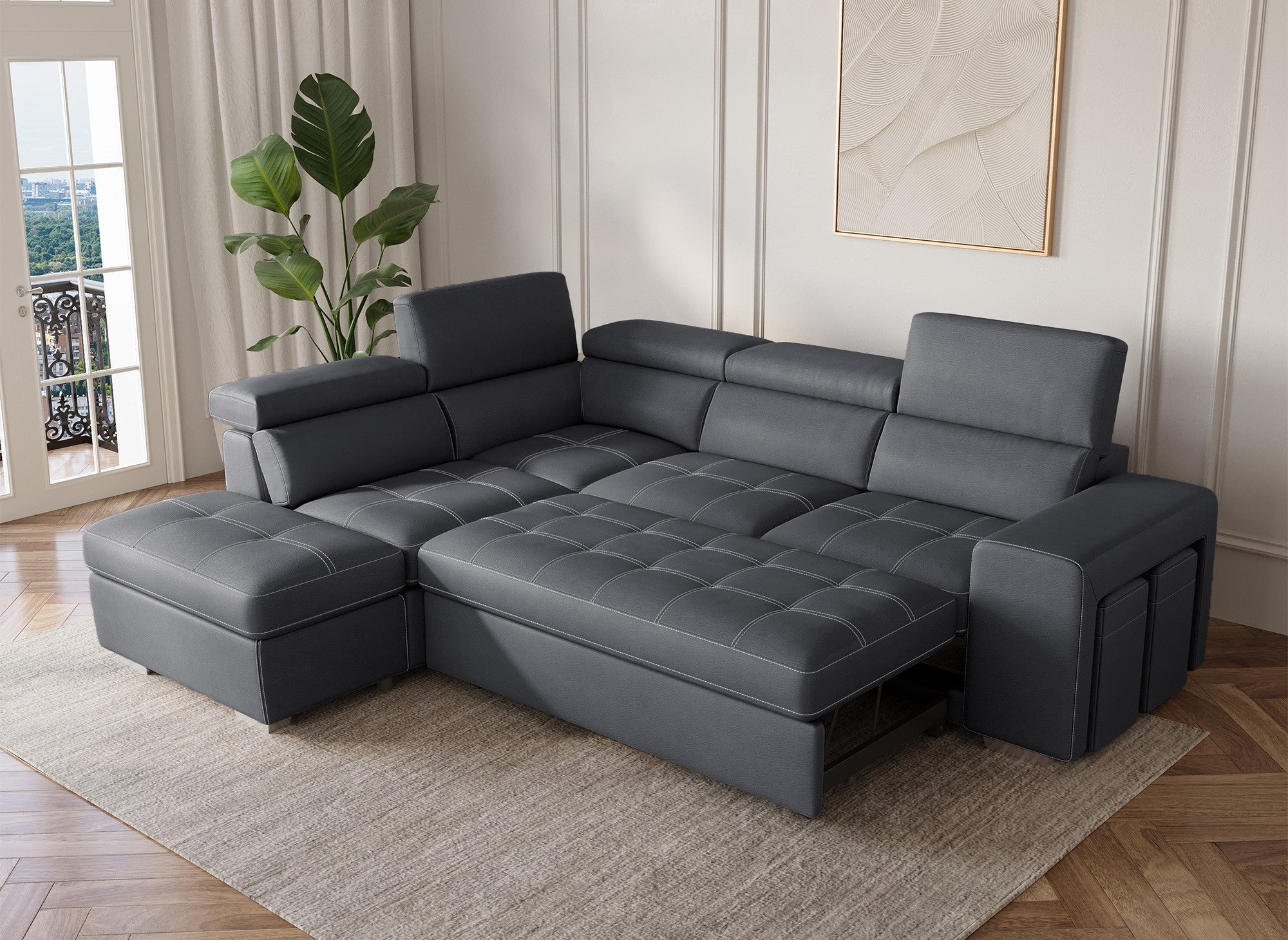 Sofá cama esquinero DAVON de tela gris - esquina izquierda