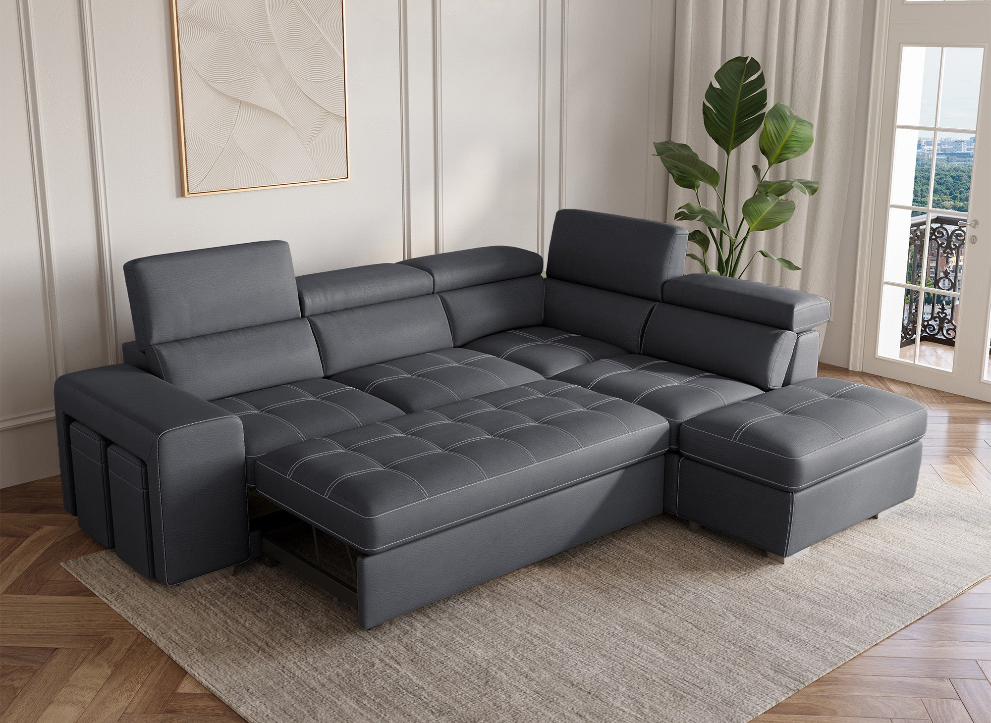 Sofá esquinero convertible DAVON en tela gris - esquina derecha