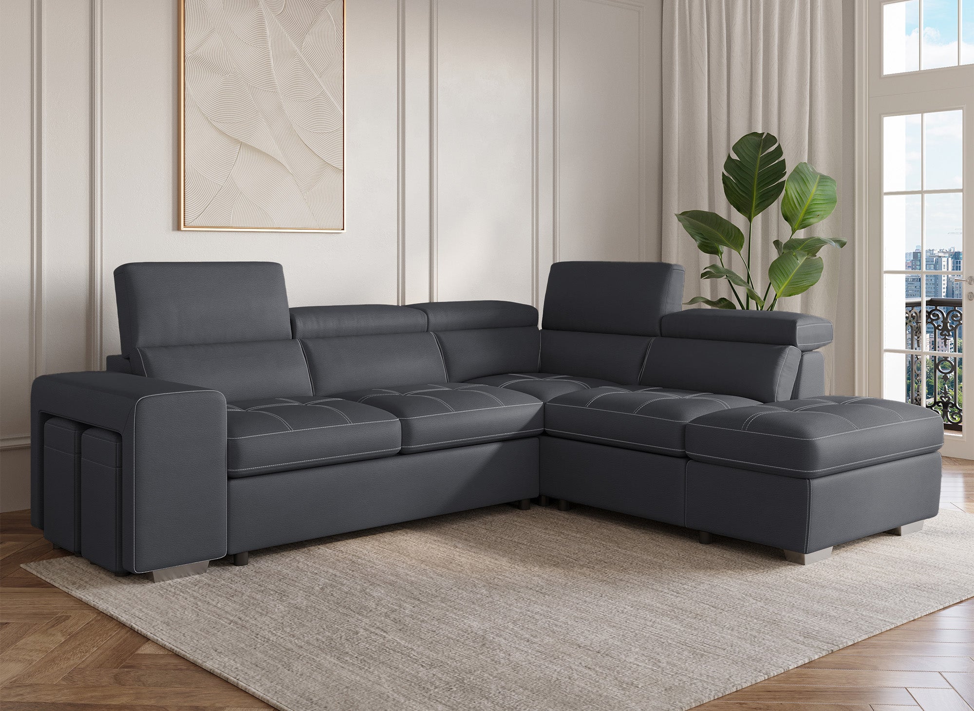 Sofá esquinero convertible DAVON en tela gris - esquina derecha