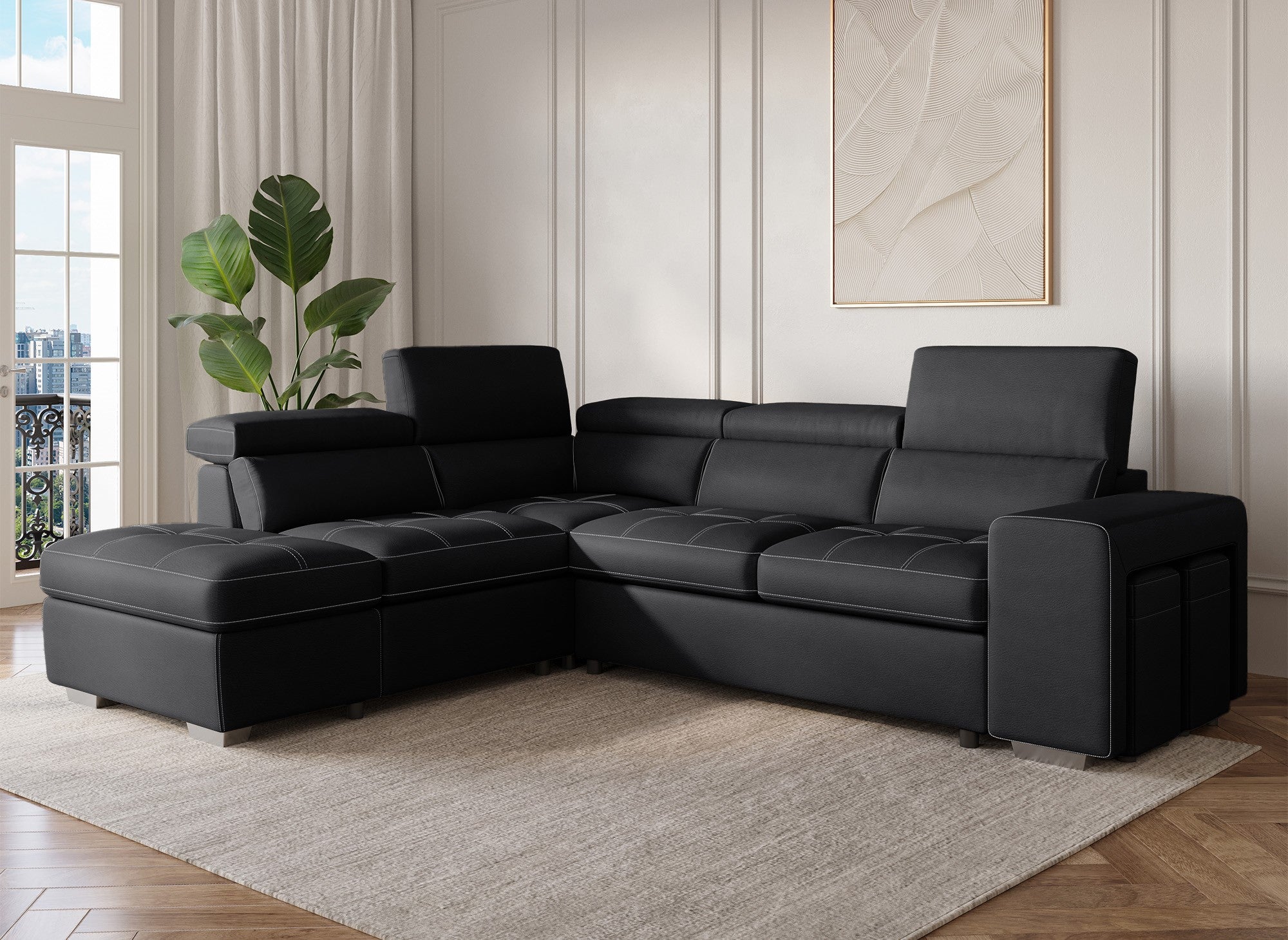 Sofá esquinero convertible DAVON en tela negra - esquina izquierda