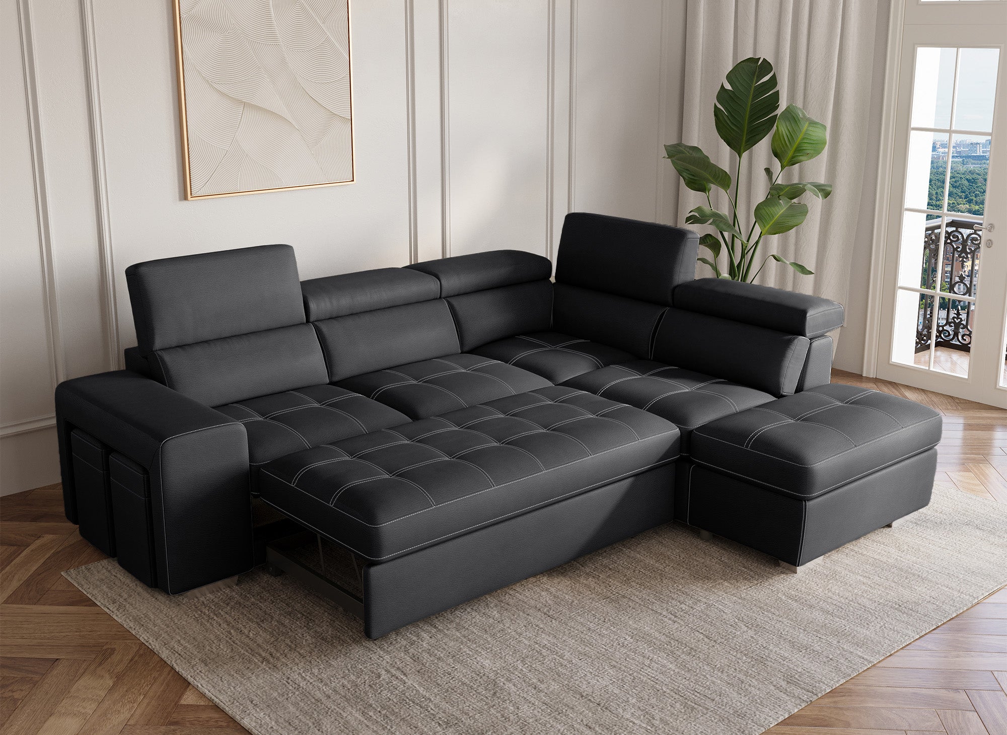 Sofá esquinero convertible DAVON en tela negra - esquina derecha