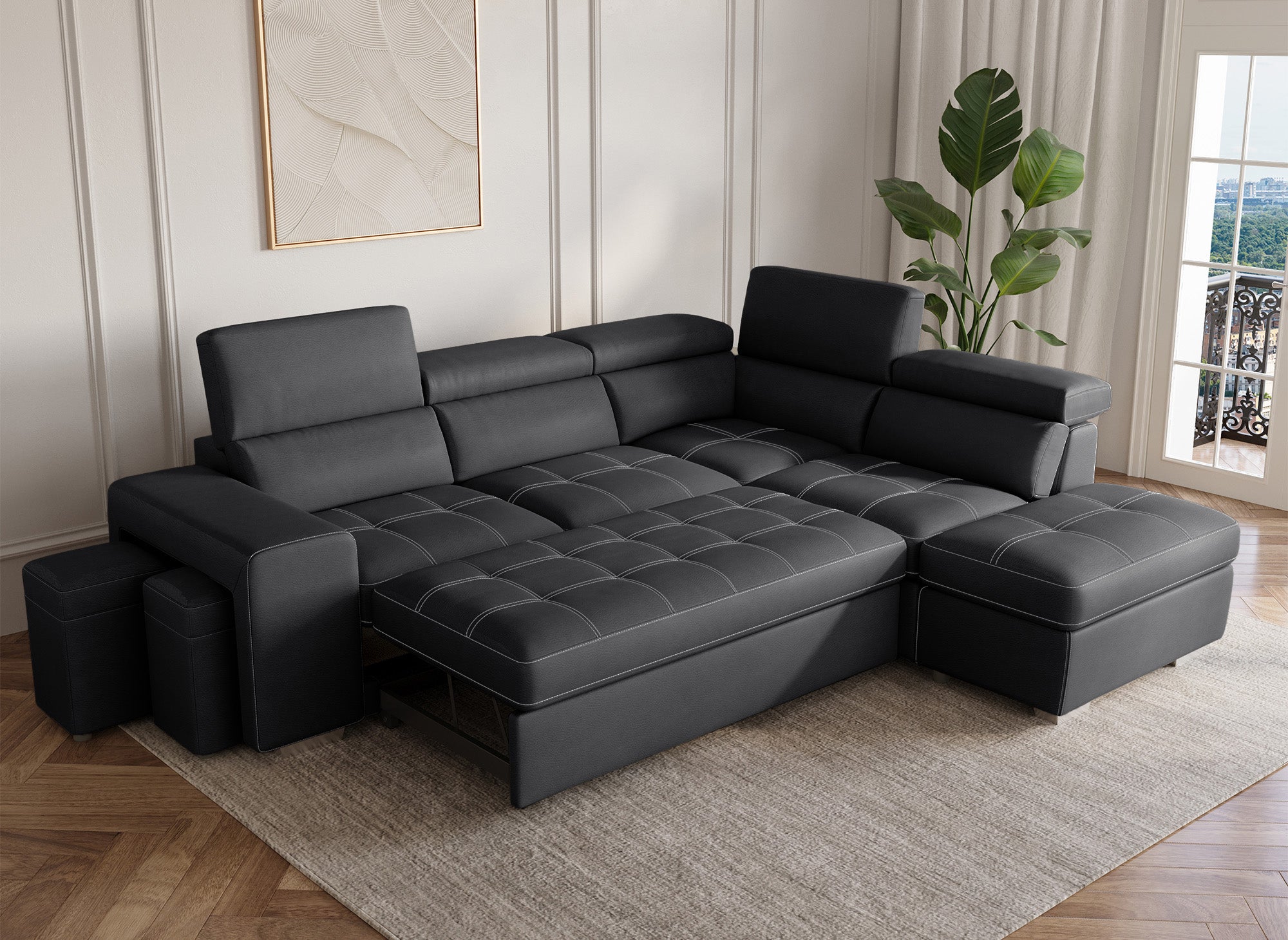 Sofá esquinero convertible DAVON en tela negra - esquina derecha