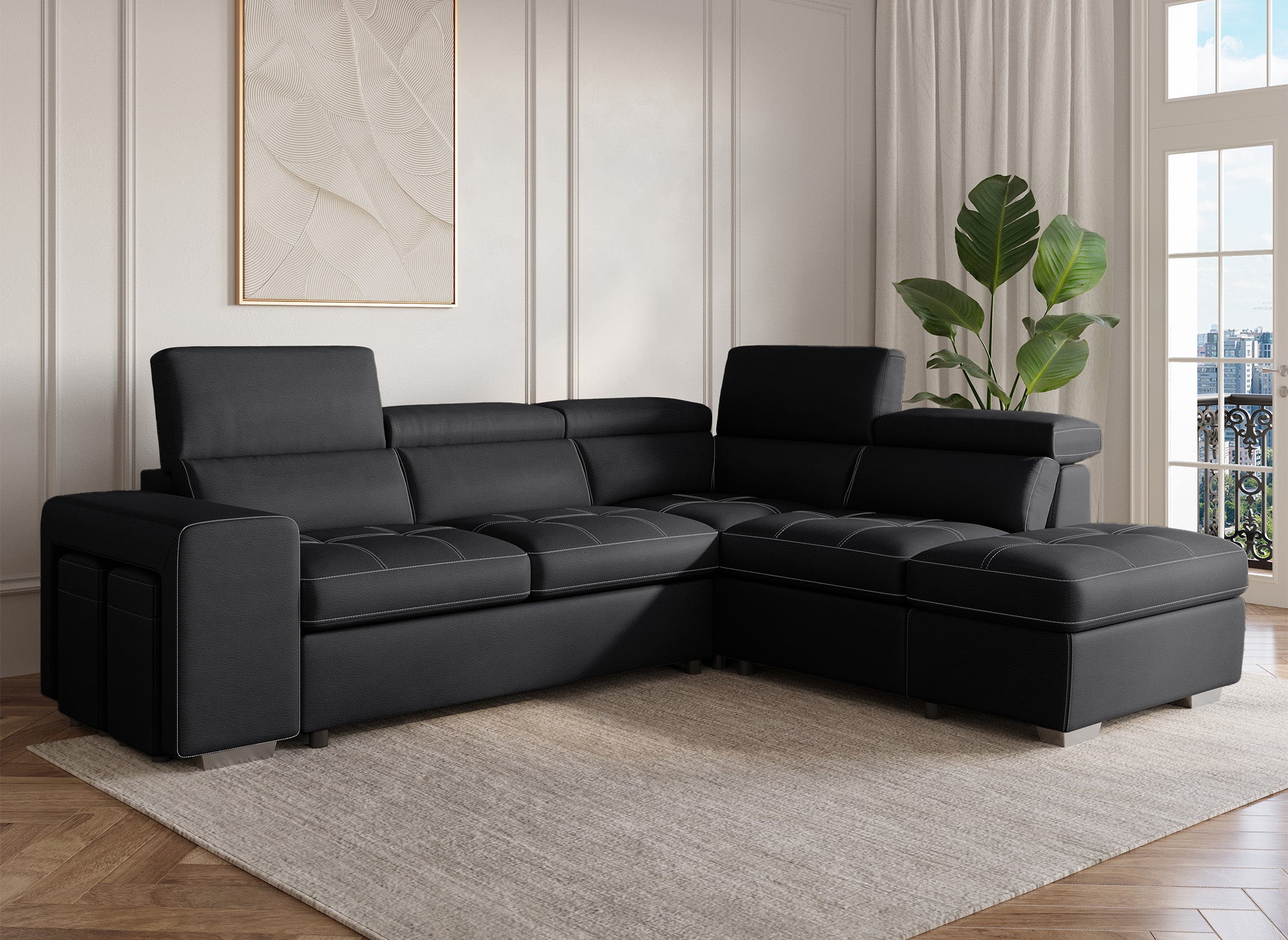 Sofá esquinero convertible DAVON en tela negra - esquina derecha