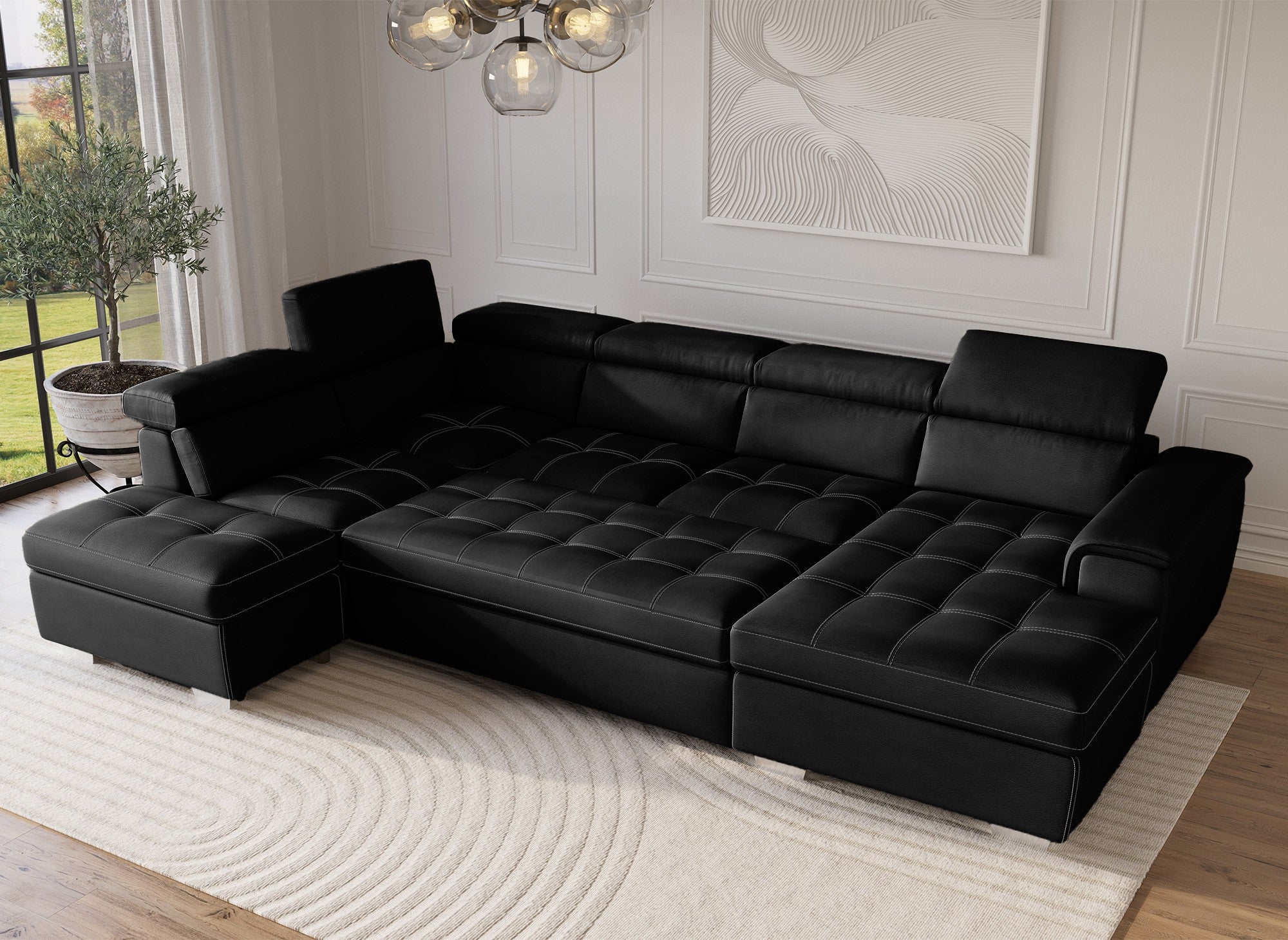 Sofá convertible y panorámico OLIVER con compartimento de almacenamiento en tela negra - Esquina derecha