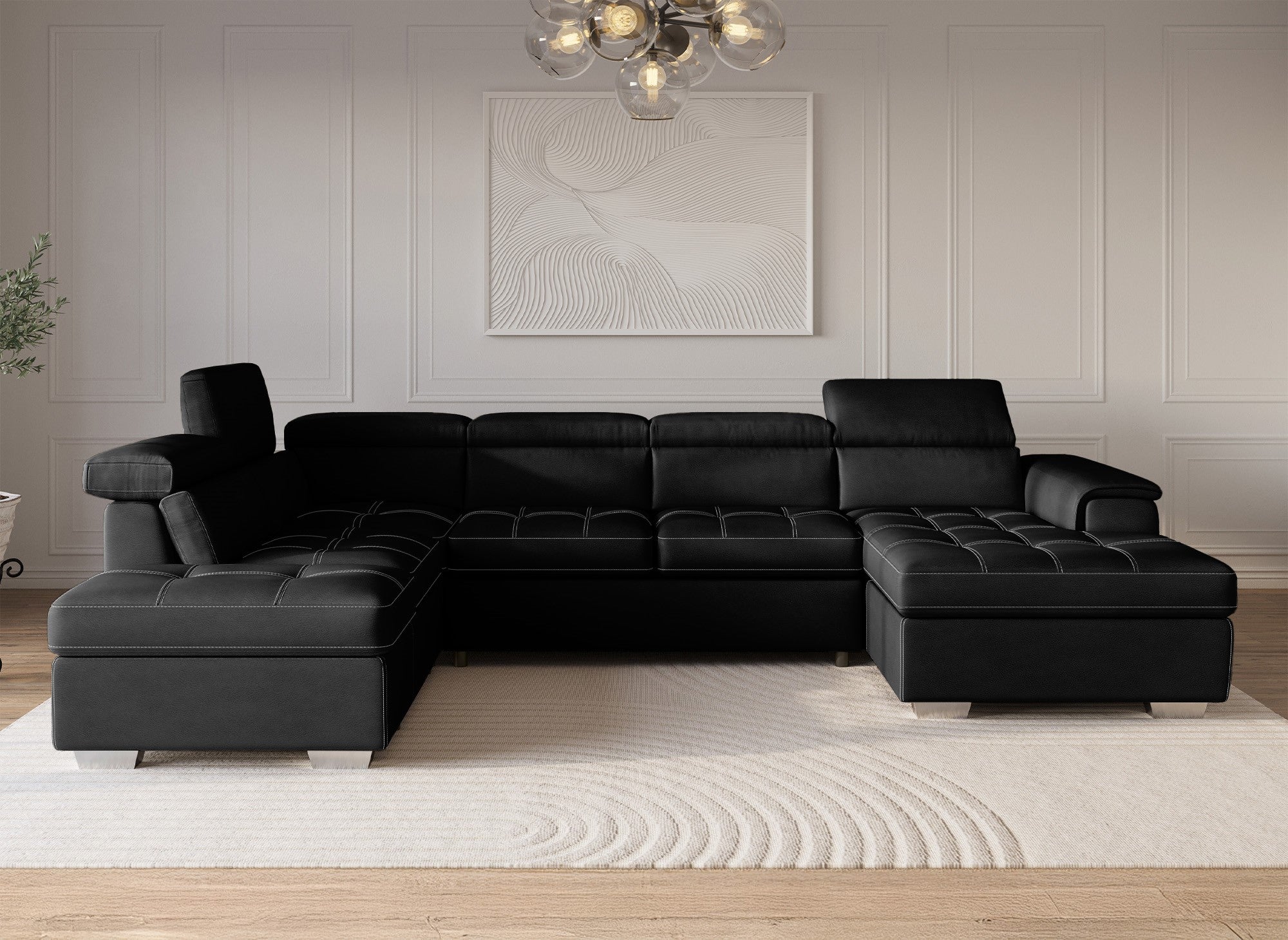 Sofá convertible y panorámico OLIVER con compartimento de almacenamiento en tela negra - Esquina derecha