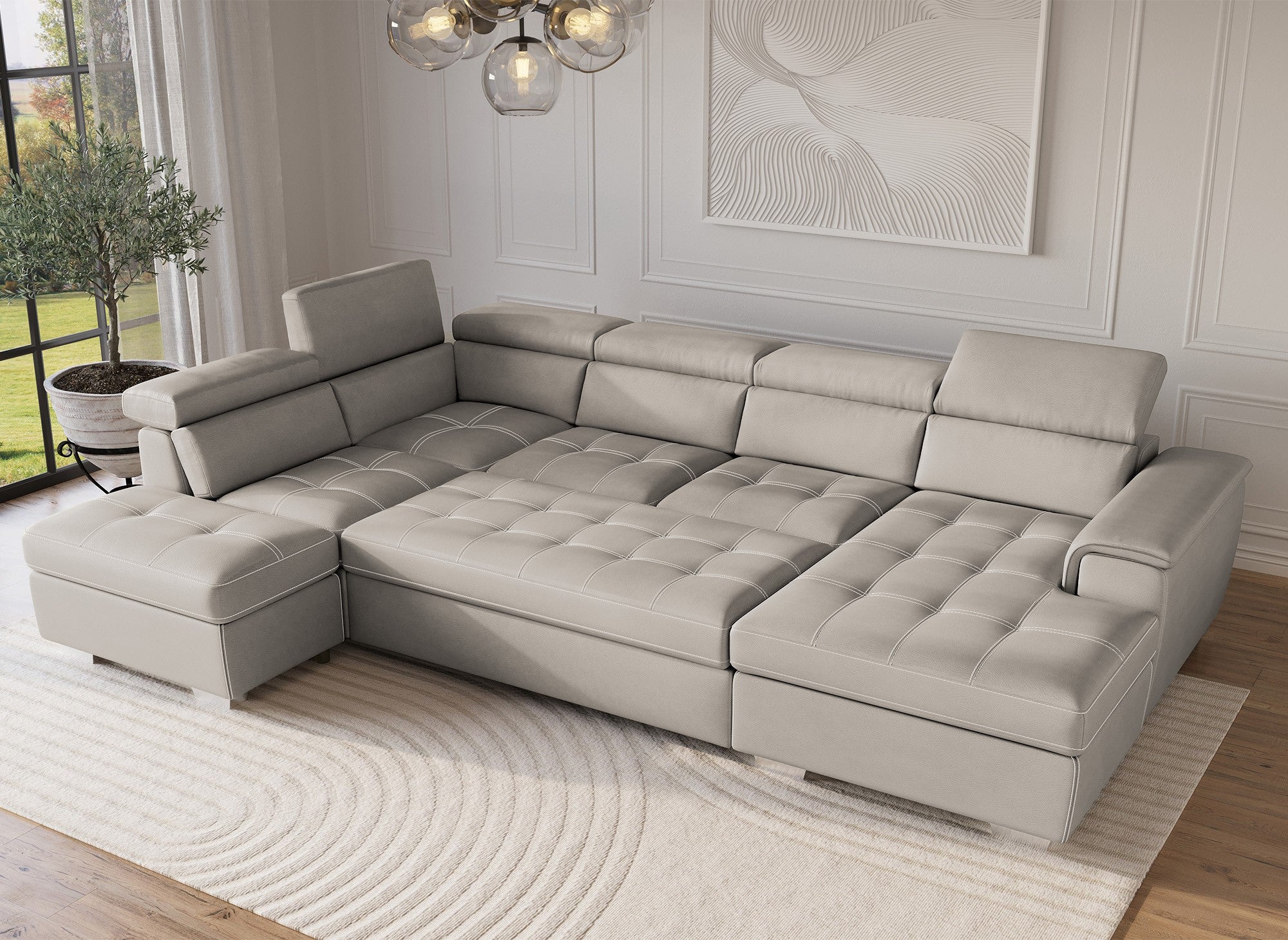 Sofá cama y panorámico OLIVER con compartimento de almacenamiento en tela beige - Esquina derecha